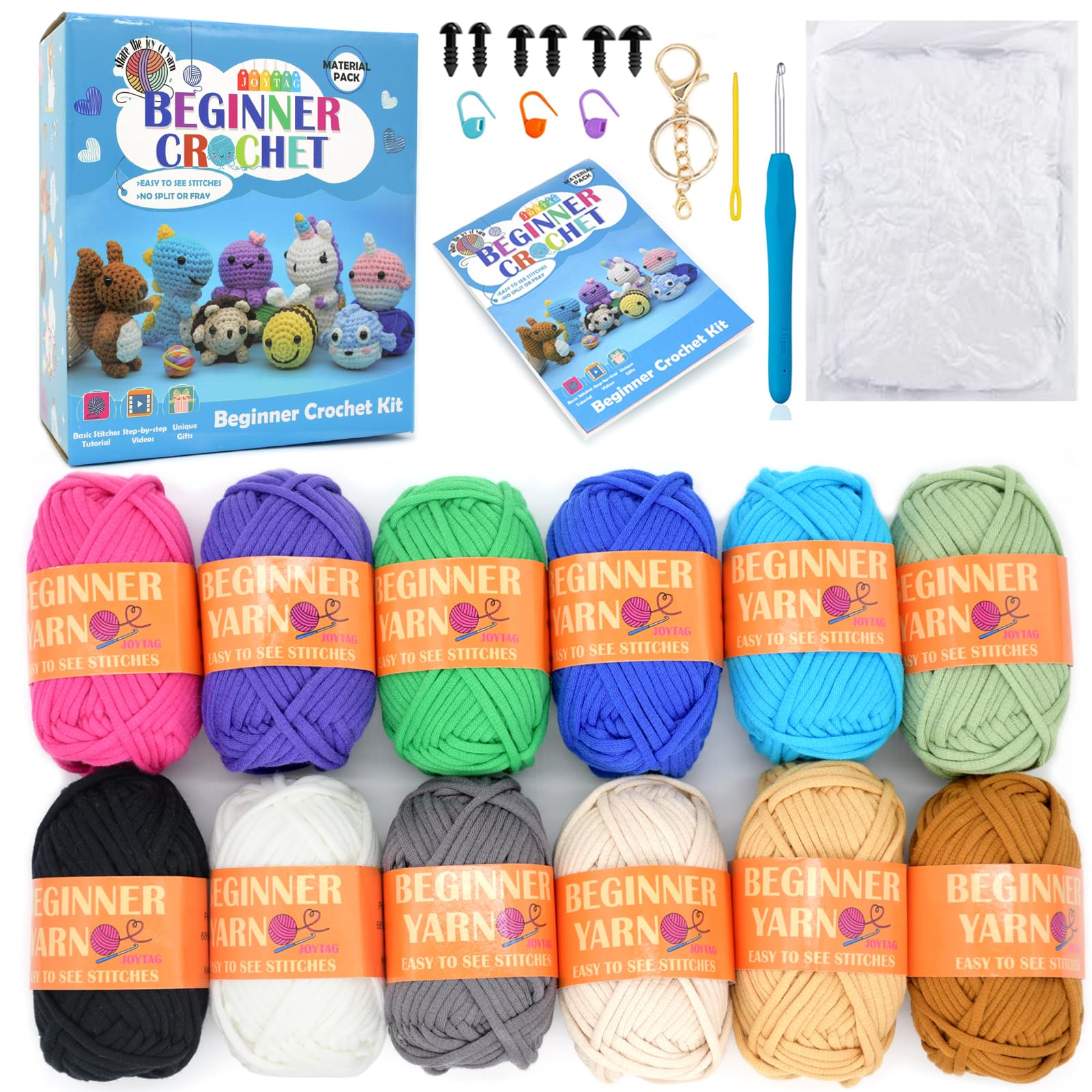 Kit de crochet pour débutants complet avec 12 couleurs et tutoriels vidéo pas à pas