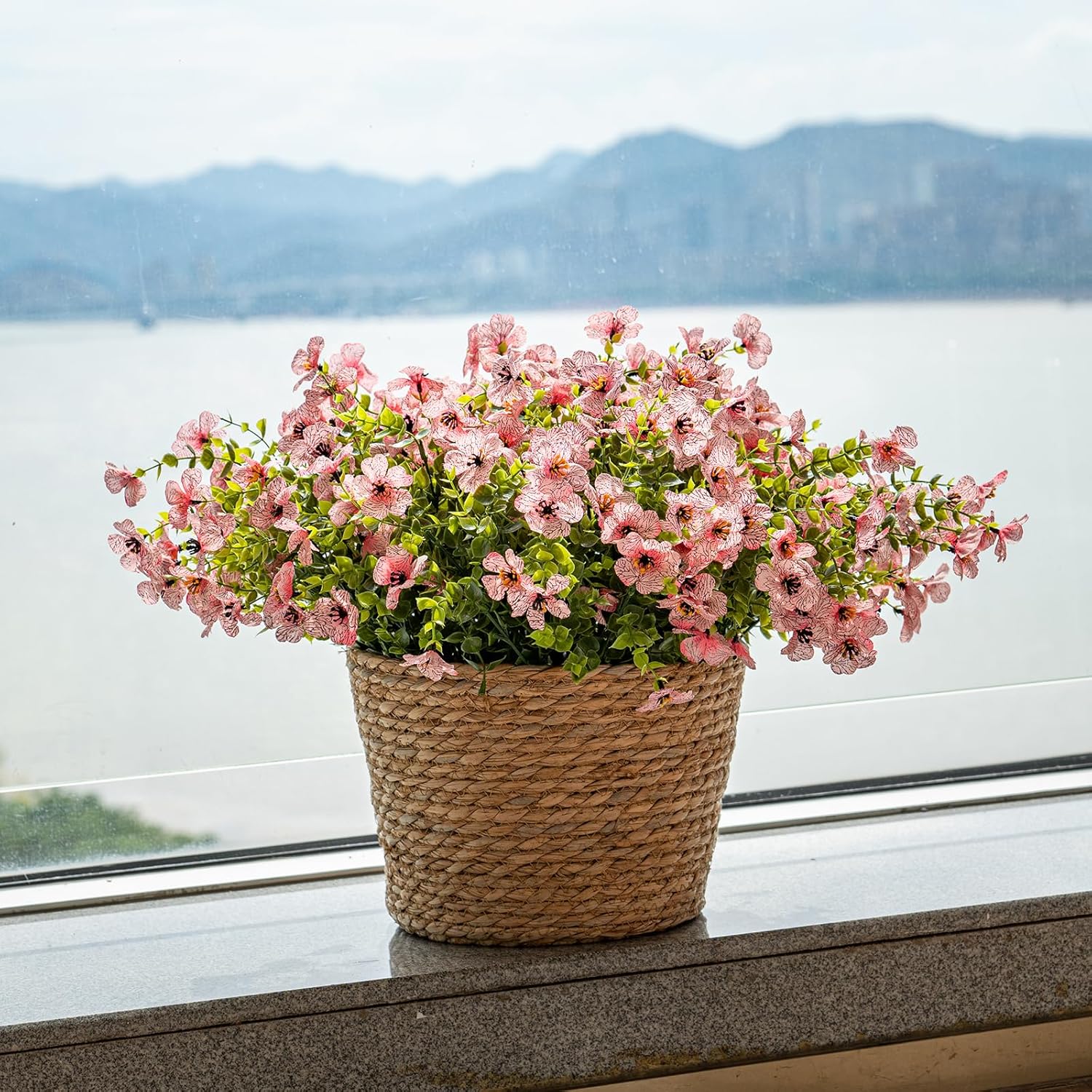 DUYONE Artificial Flowers Outdoor,UV Resistant Realistic Garden Artificial Plants,Bright 16 Bundles No-Fade Veranda Fake Faux Flowers,for Porches Patios Walkway Gardens Decor-Pink