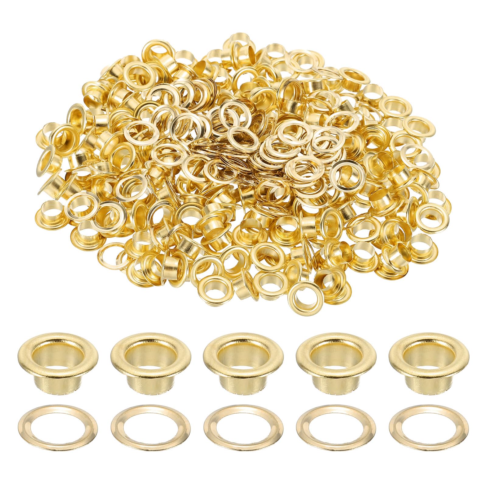 sourcing map 200 Sets Grommets Eyelets, 5mm Brass Self Backing Eyelets Metal Eyelet with Washers for Belts, Shoes, Clothes, Bead Cores, DIY Project, Gold Tone
