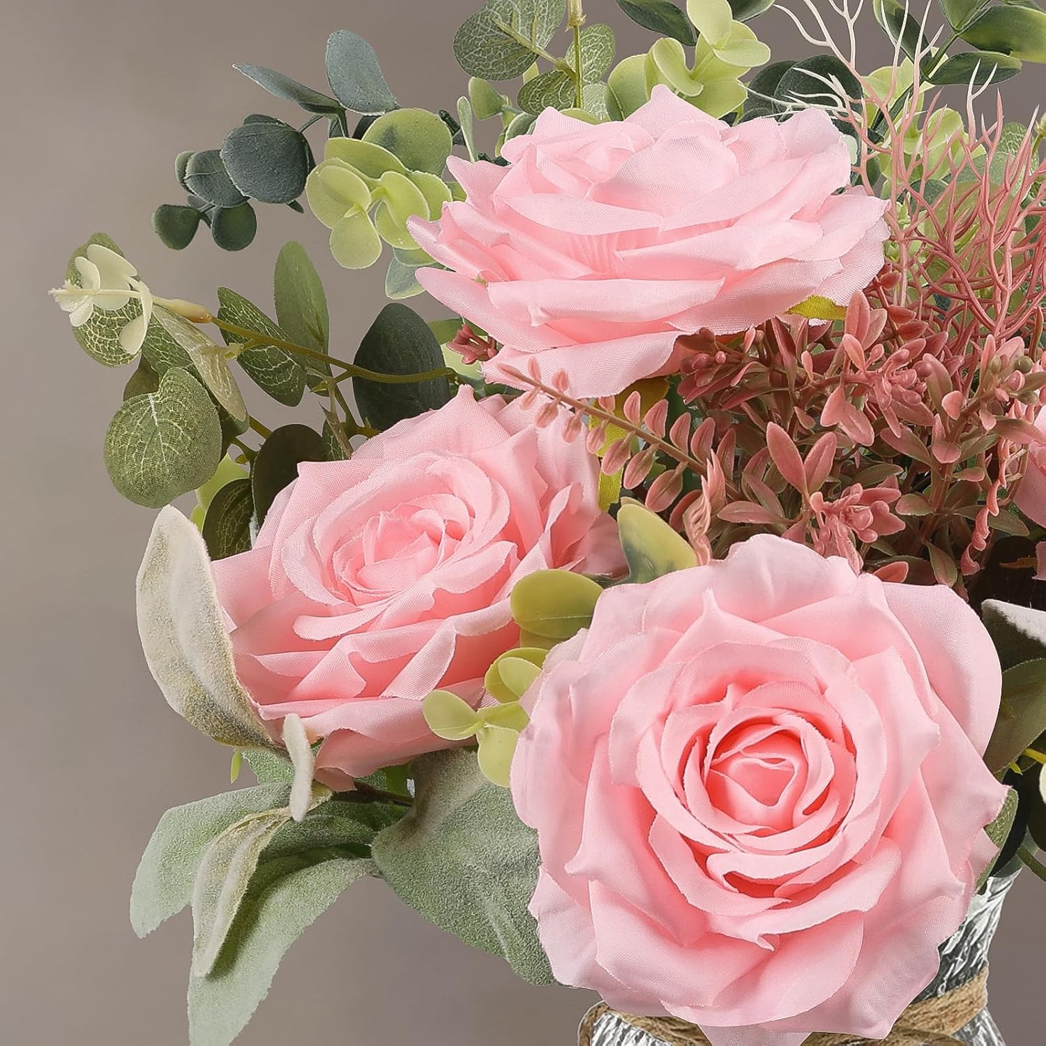 HOHOTIME Artificial Flowers in Vase, Faux Silk Pink Roses Table Centerpiece Decoration, Fake Flowers for Home Bedroom Study Room Decor with Glass Vase - Image 3