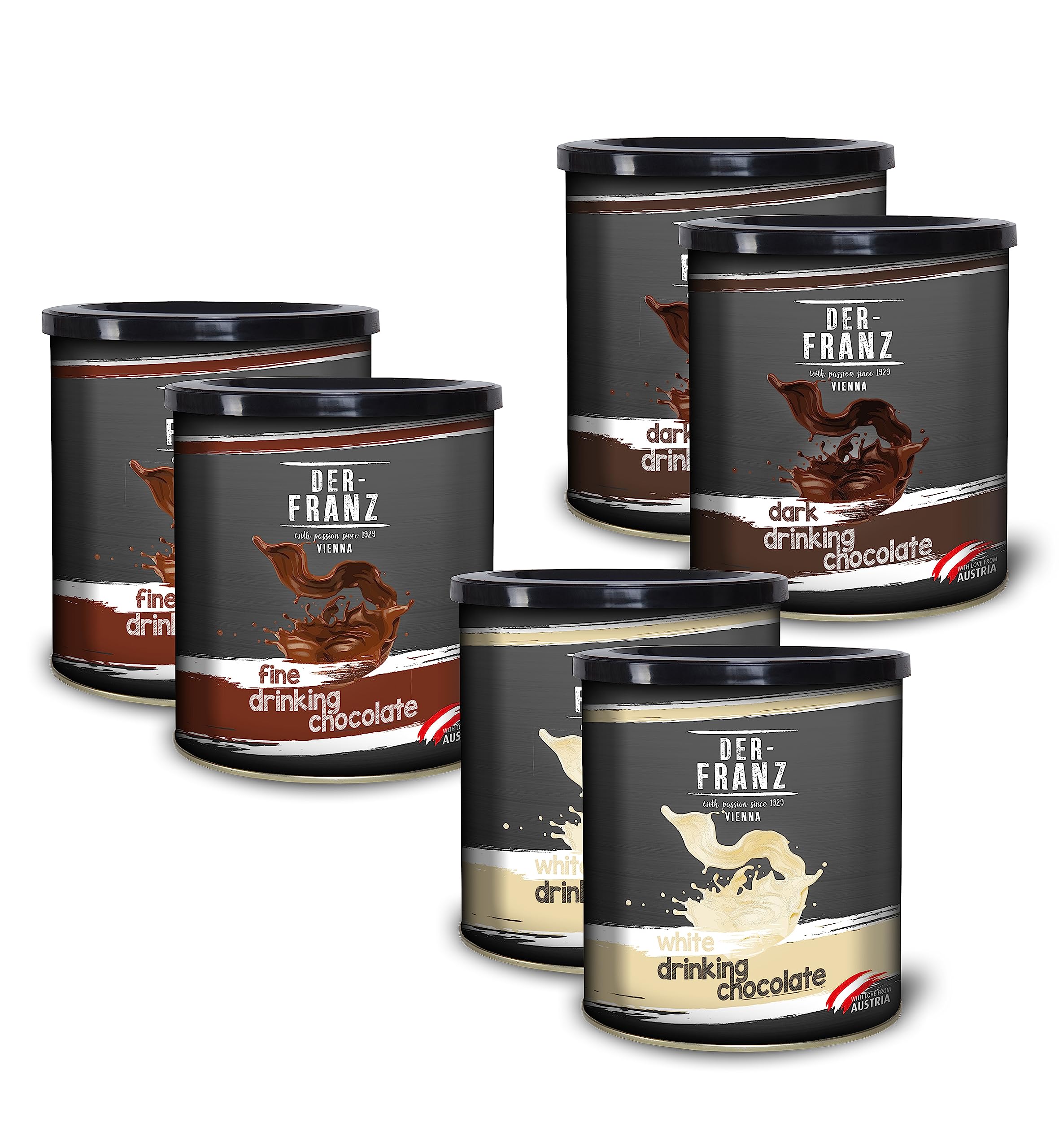 Der-Franz Hot Chocolate Mix Bundle - 2x Feine Trinkschokolade, 2x Weiße Trinkschokolade, 2x Dunkle Trinschokolade, 6 x 500g