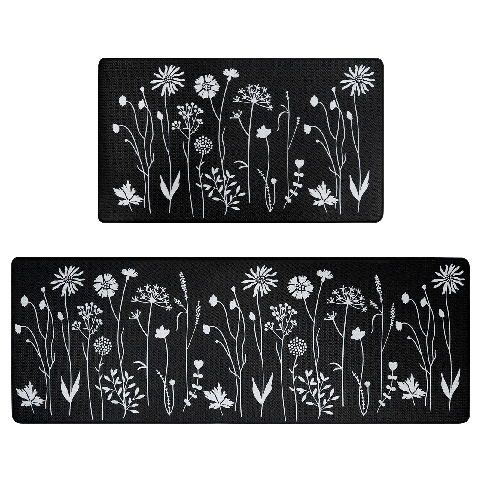 Rempry 2 Pcs Kitchen Mat for Floor, Cushioned Anti-Fatigue Kitchen Mats, PVC Non-Slip Waterproof Kitchen Rugs Set for Kitchen, Office, Sink, 17"x47"+17"x29" (Black)