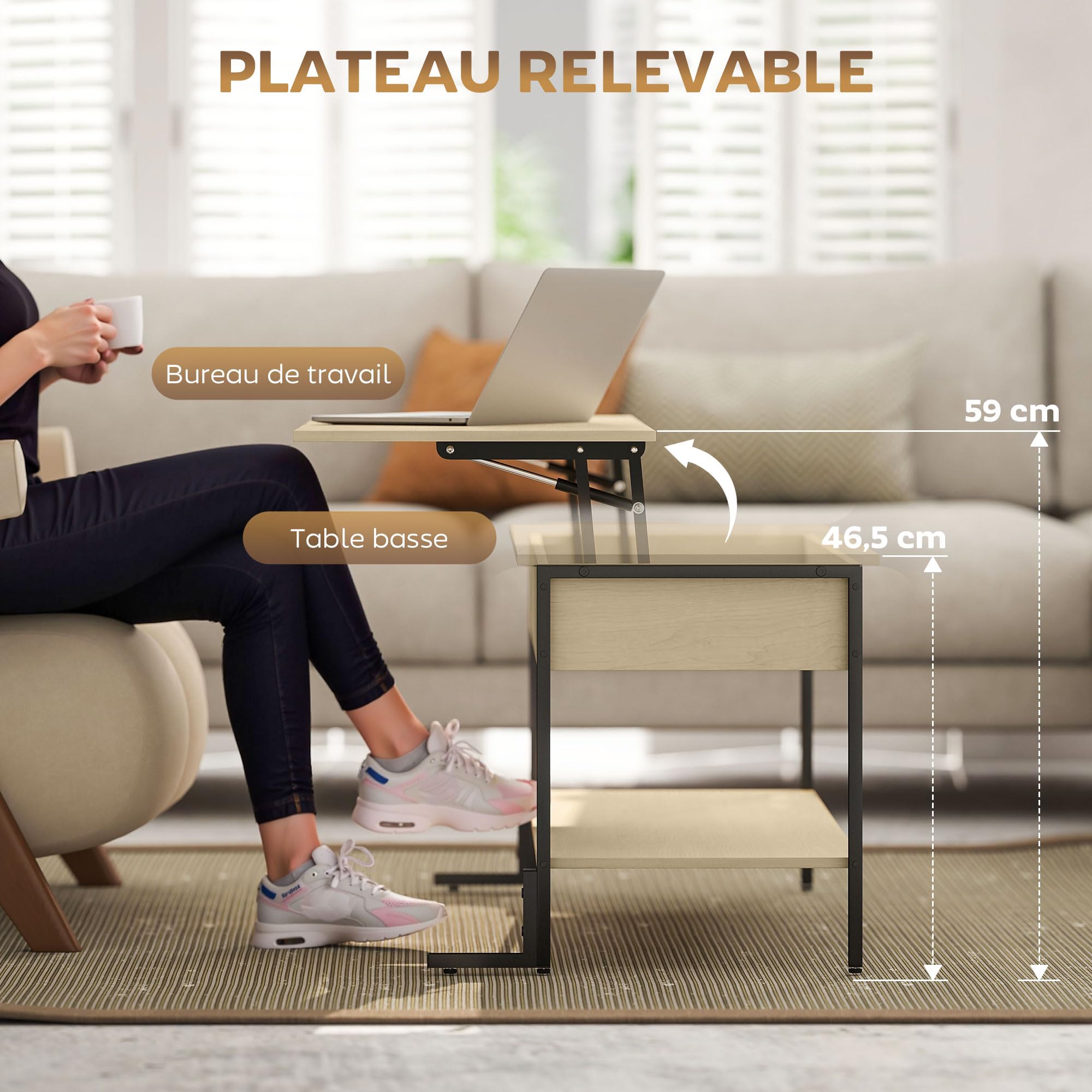 HOMCOM Table Basse avec Plateau relevable, Table de Salon Industrielle avec Compartiment caché et étagère Ouverte, Pieds renforcés en L Stable, pour Salon, Bureau, 95 x 40 x 59 cm, Effet Bois Naturel