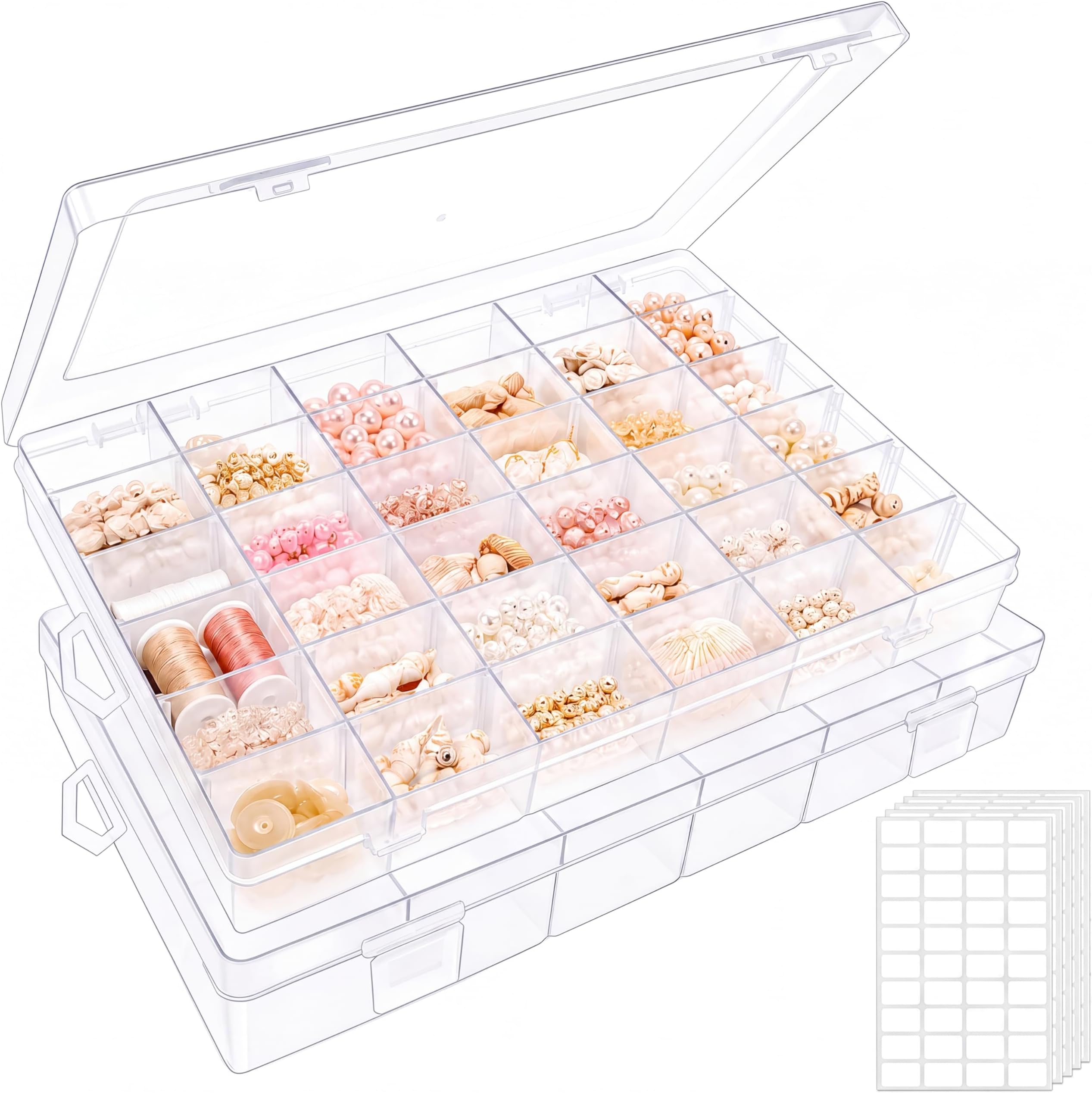 OUTUXED 2pack 36 Grids Clear Plastic Organizer Box Container Craft Storage with Adjustable Dividers for Beads Organizer Art DIY Crafts Jewelry Fishing Tackles with 5 Sheets Label Stickers