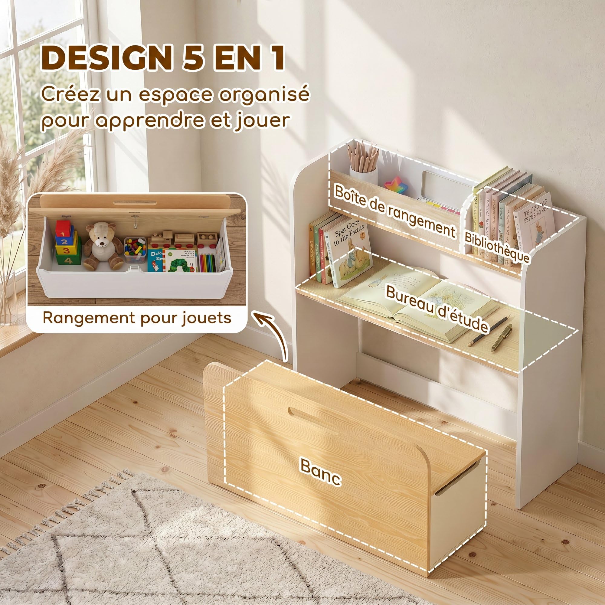 AIYAPLAY Bureau et Chaise pour Enfant 5 en 1 pour 3 à 8 Ans Blanc