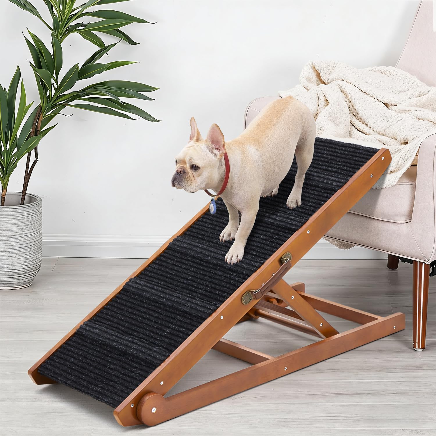 Dog Ramp for Bed - Foldable Small to Large Dog Ramp for Couch - 6 Adjustable Height from 12" to 24" - Stairs with High Traction Mat - Wooden Ramp for