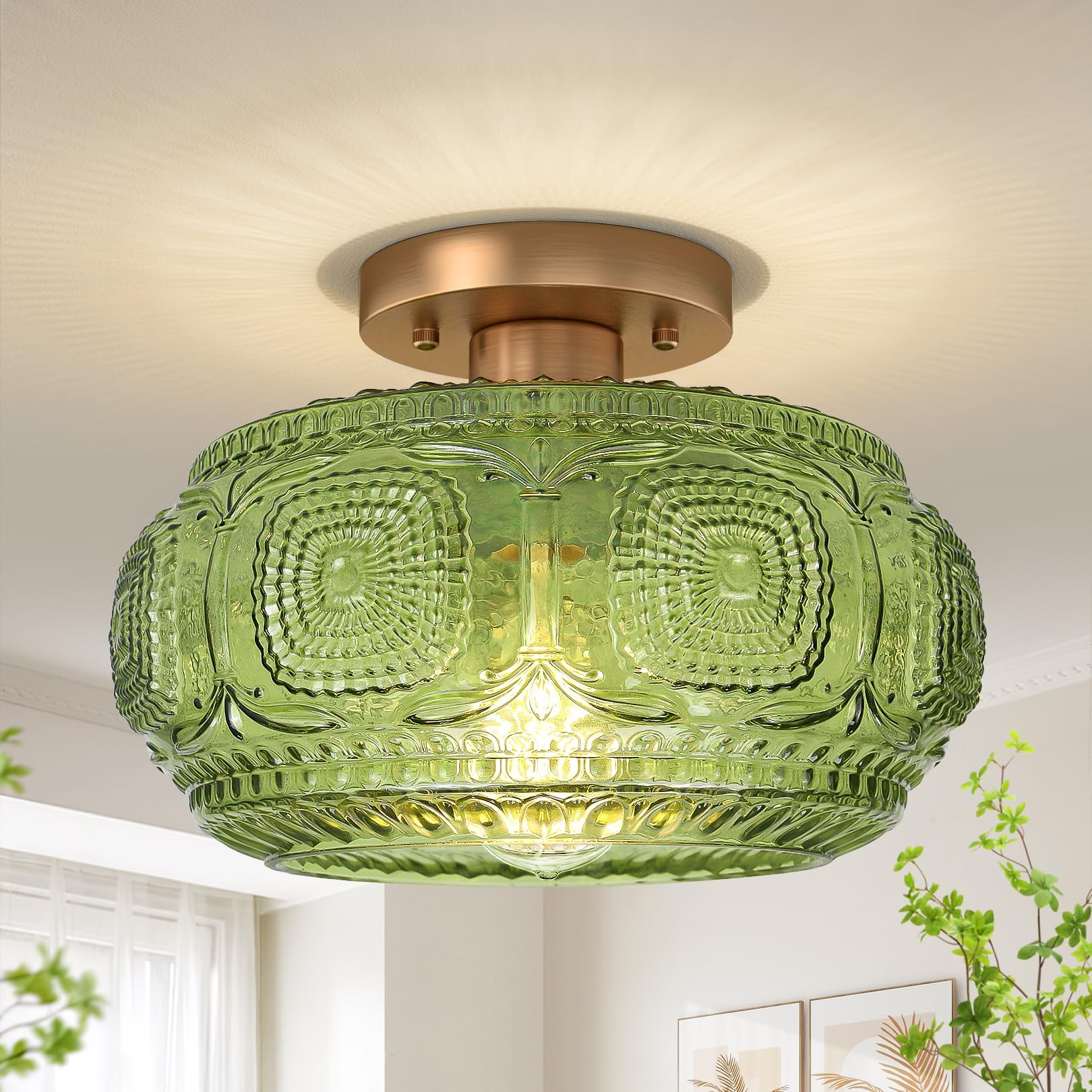 11" Art Deco Glass Semi Flush Mount Ceiling Light Fixture, Green