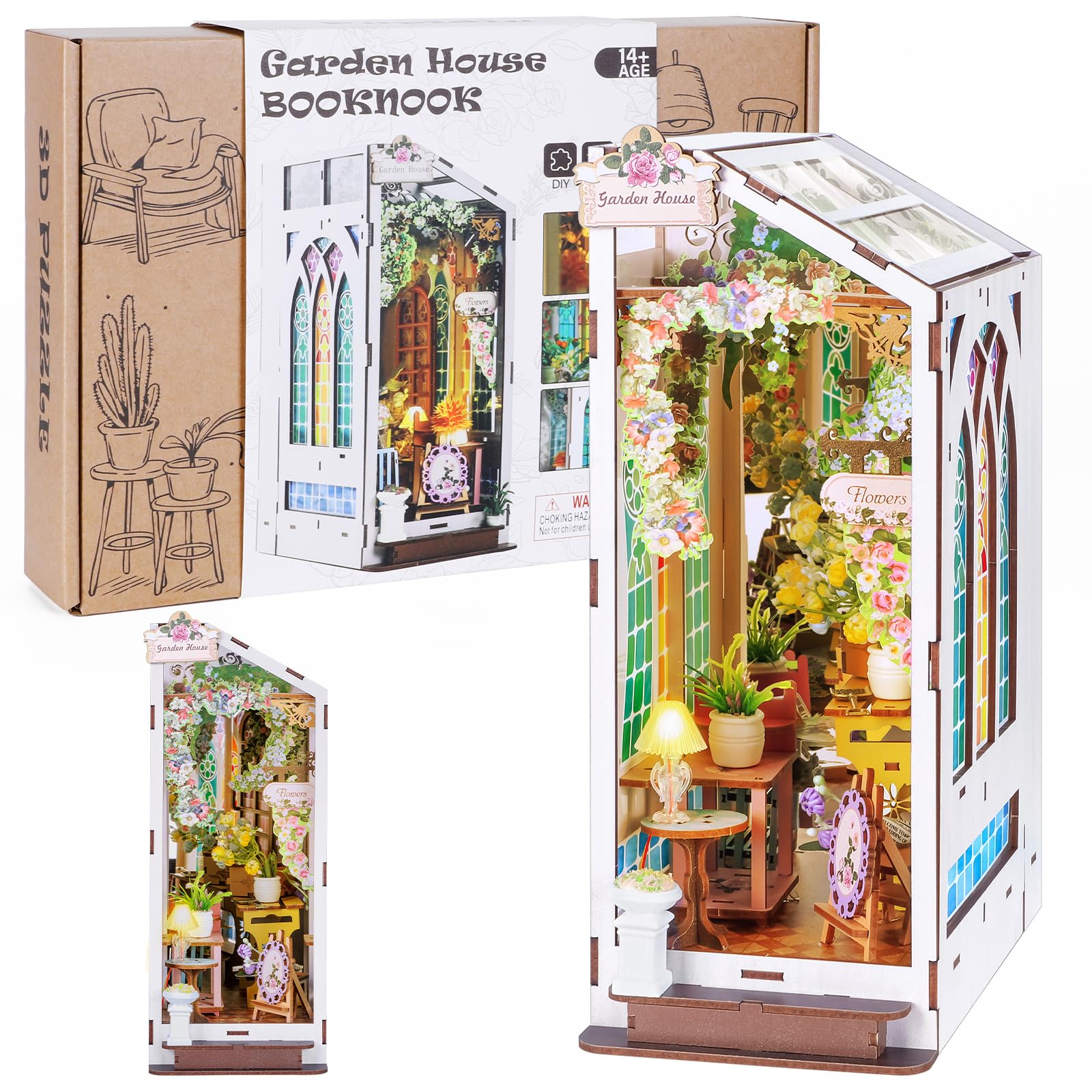 Fimeetoy Book Nook Kit for Adults, Miniature House 3D Puzzle Kit for Teens, DIY Crafts for Adults, Tiny House Bookshelf Decor Garden House with LED