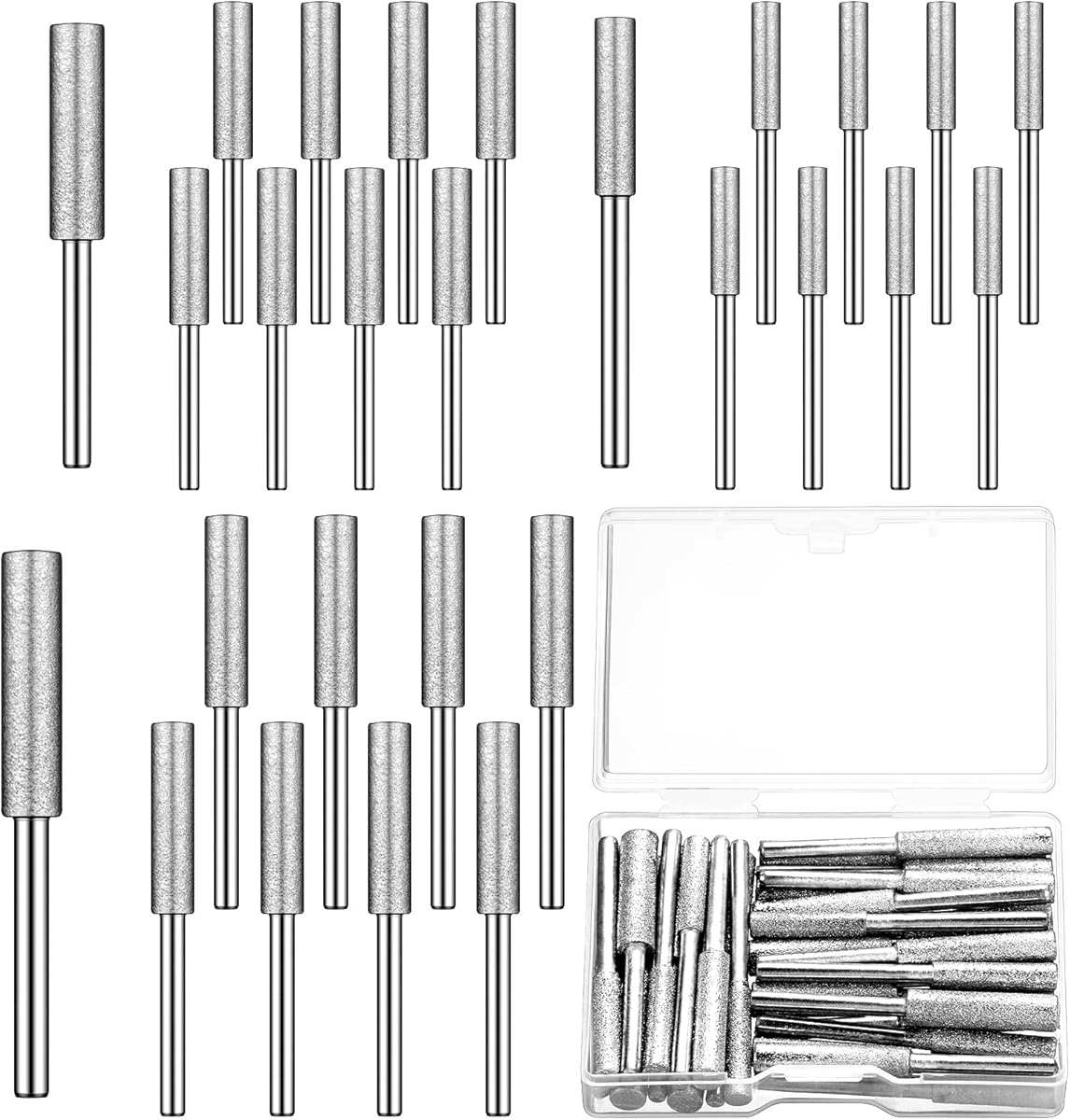 Chumia 30 Pcs Diamond Chainsaw Sharpener Stone Bit High Hardness Chainsaw Sharpening Christmas Titanium Plated Wheels Grinding Tool for Electric Chain Saw Jewelry, 5/32, 3/16, 7/32 Inches (Silver)