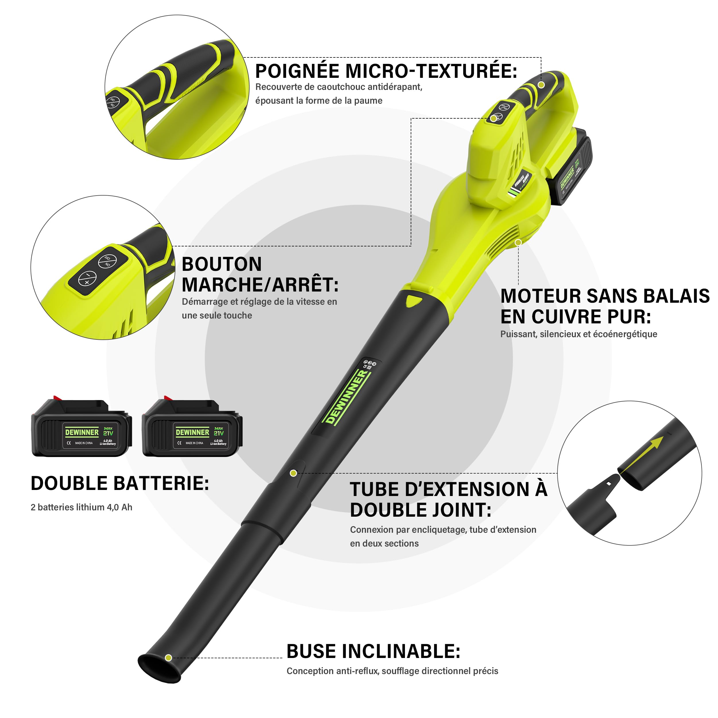 DEWINNER Souffleur de Feuilles sans Fil, 210 km/h, 2x4,0Ah Batteries