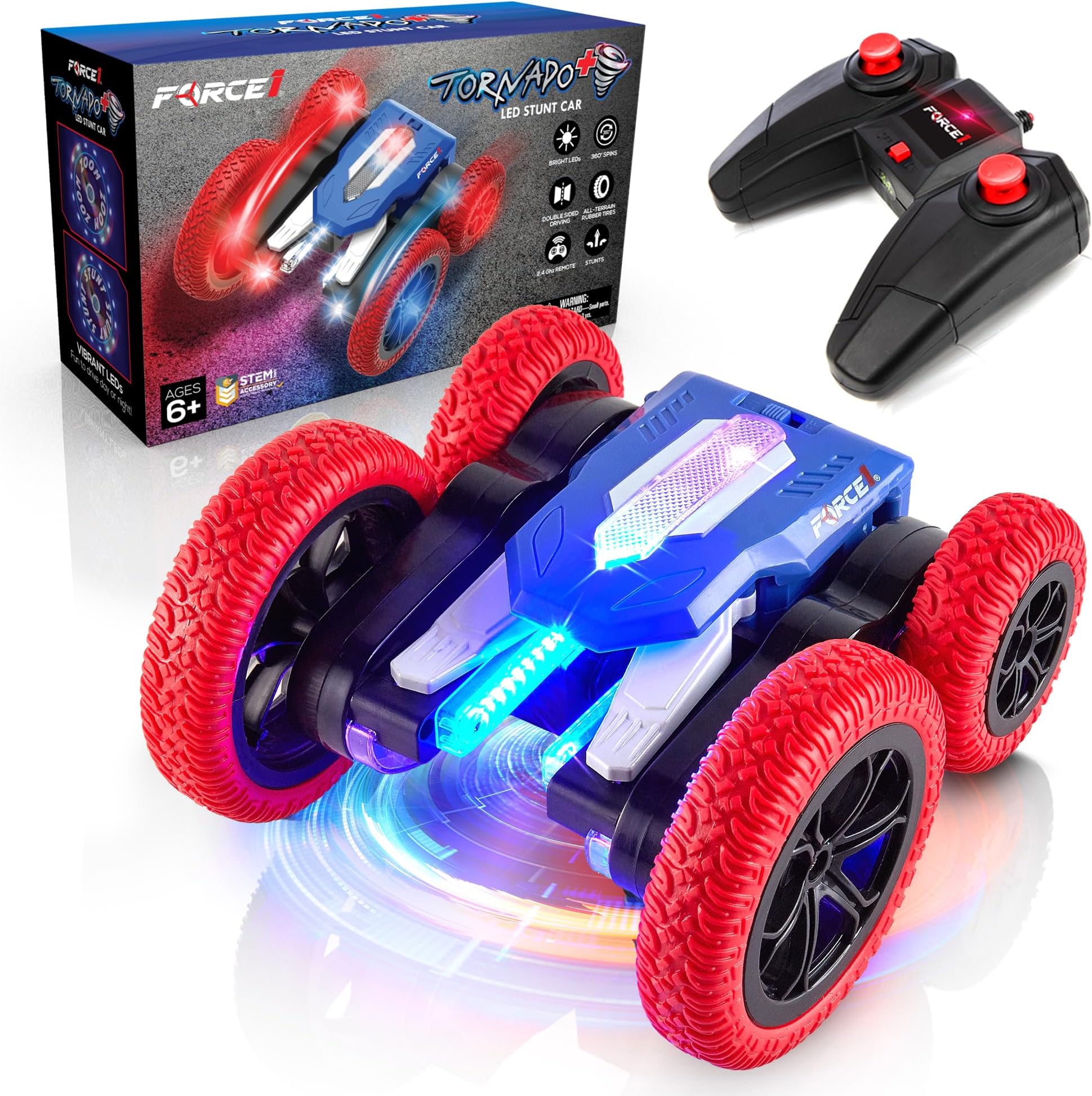 Force1 Tornado+ LED Remote Control Car for Kids- Double Sided Fast RC Crawler, 4WD Off-Road Stunt Car 360 Flips, All Terrain Tires, LED Rechargeable Toy Car Battery, 2.4GHz Remote, Interactive Display