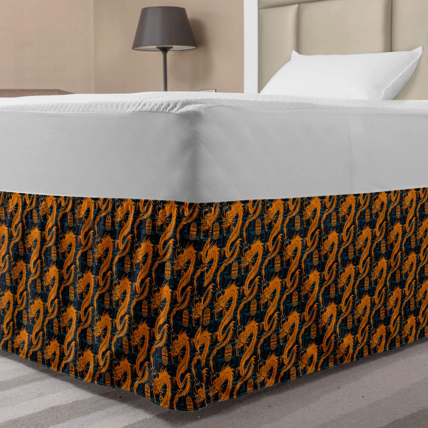 Lunarable Dragon Elastic Bed Skirt Orange Toned Fantasy Folk Dragons of The Chinese Art on Dark Blue Symbolic