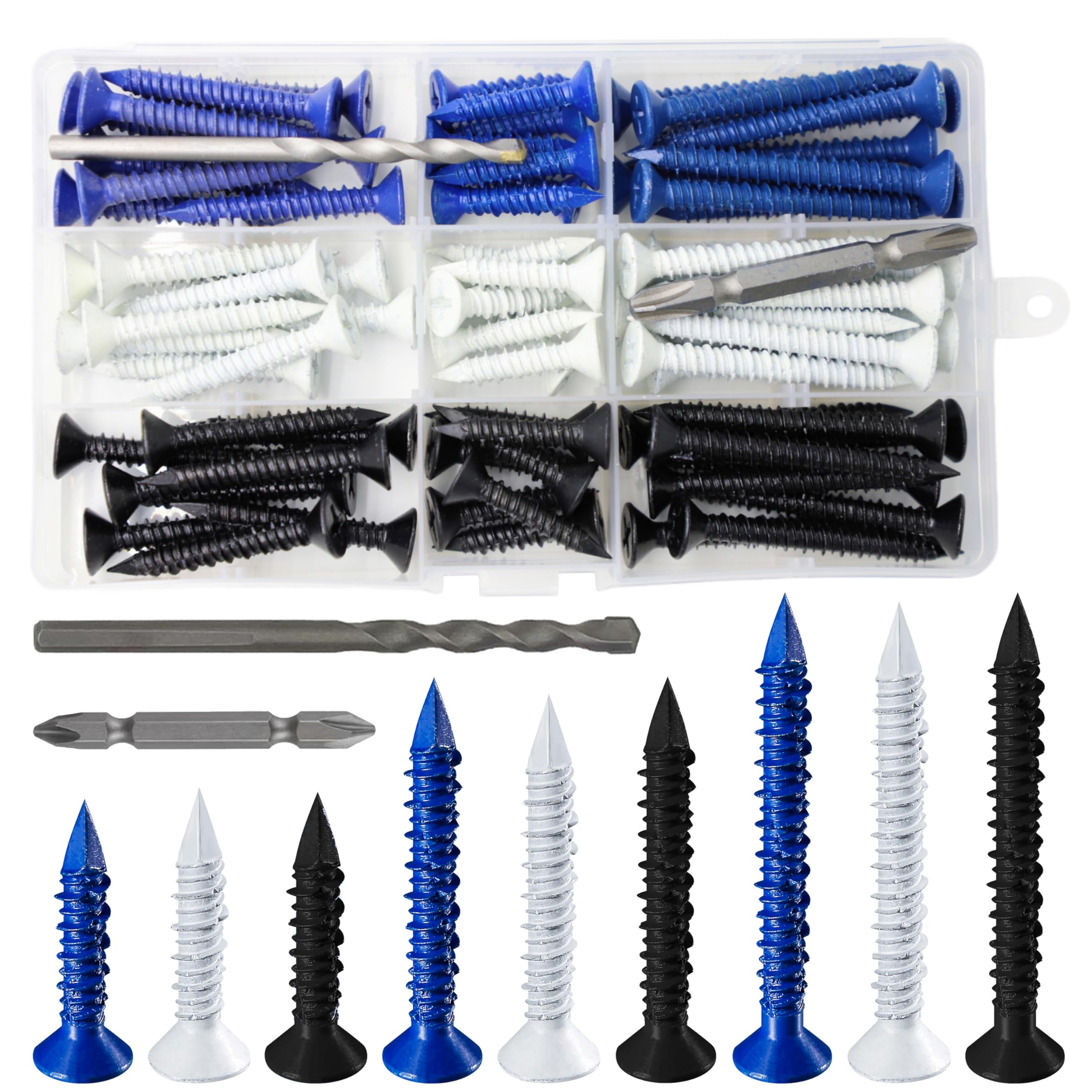 Photo 1 of Wensilon(105 PCS) 3/16" Concrete Screw Anchor Kit Blue/Black/White Flat Head for Anchoring to Masonry, Block or Brick Stucco