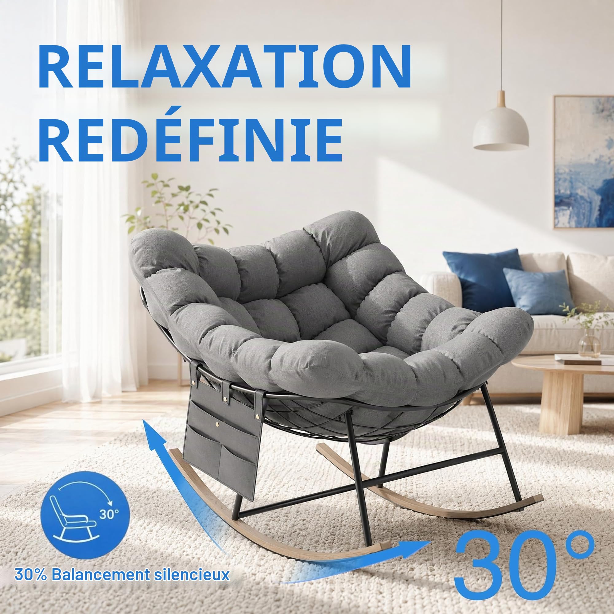 Fauteuil a Bascule Grand Extérieur avec Poche Latérale pour Salon, Jardin