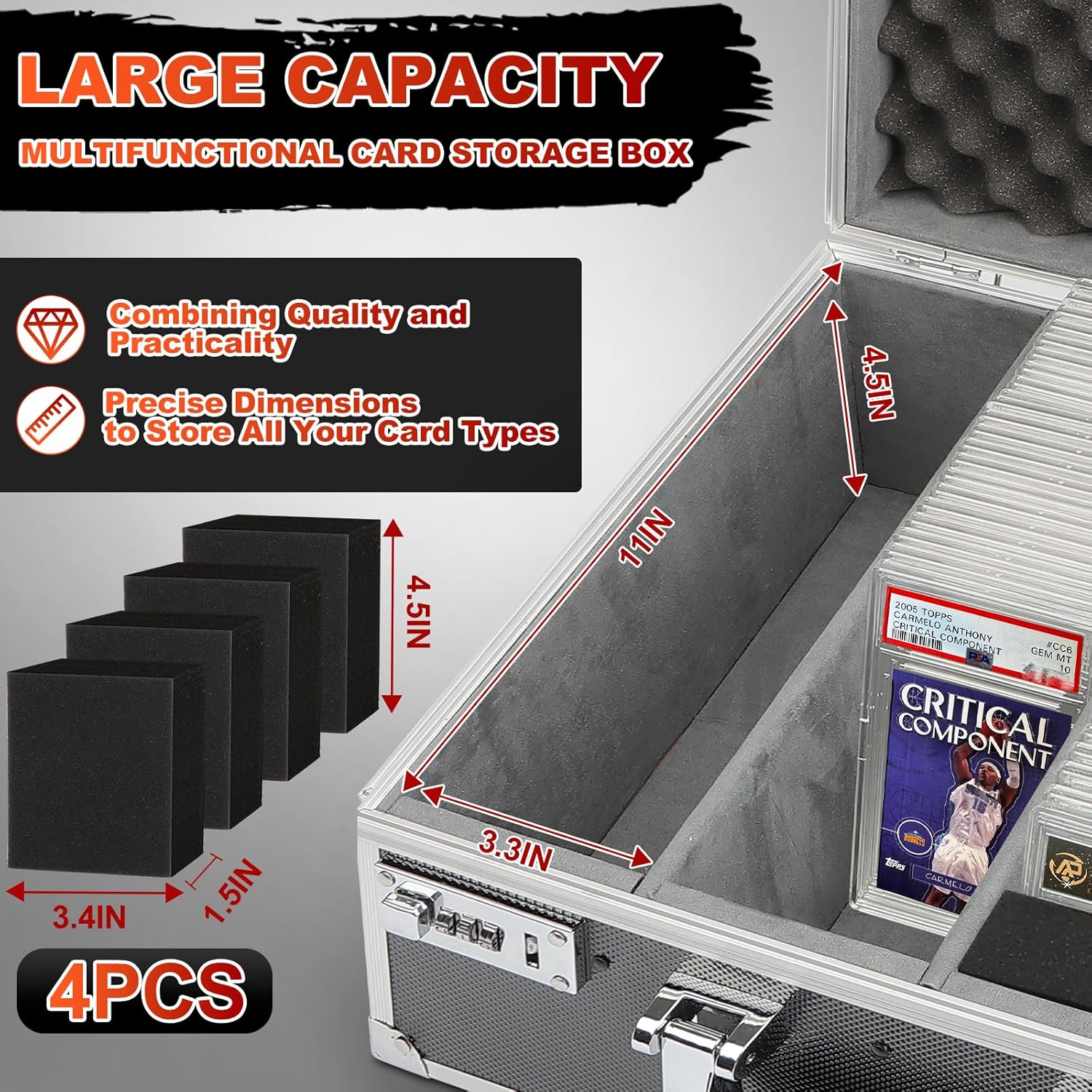 Graded Card Storage Box, Holds 170+ PSA/GMA Slabs or 680+ Toploaders, 4-Row Trading Card Storage Boxes for Sports Cards Fits 3"x4" 35pt Cards (Silver)