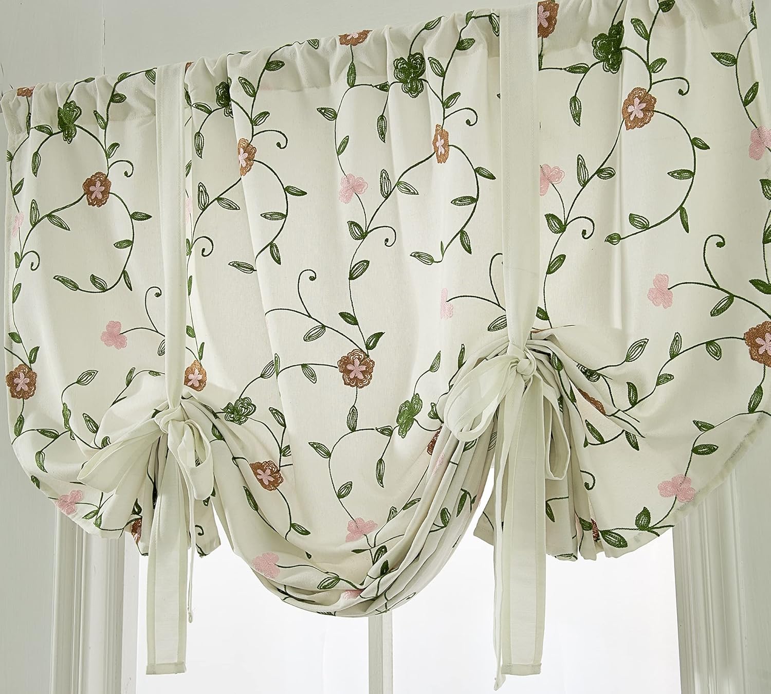 ブラックアウトフローラル刺繍 ファームハウス タイアップシェードカーテン 断熱性 調節可能 バルーンカーテン 小さなウィンドウロッド