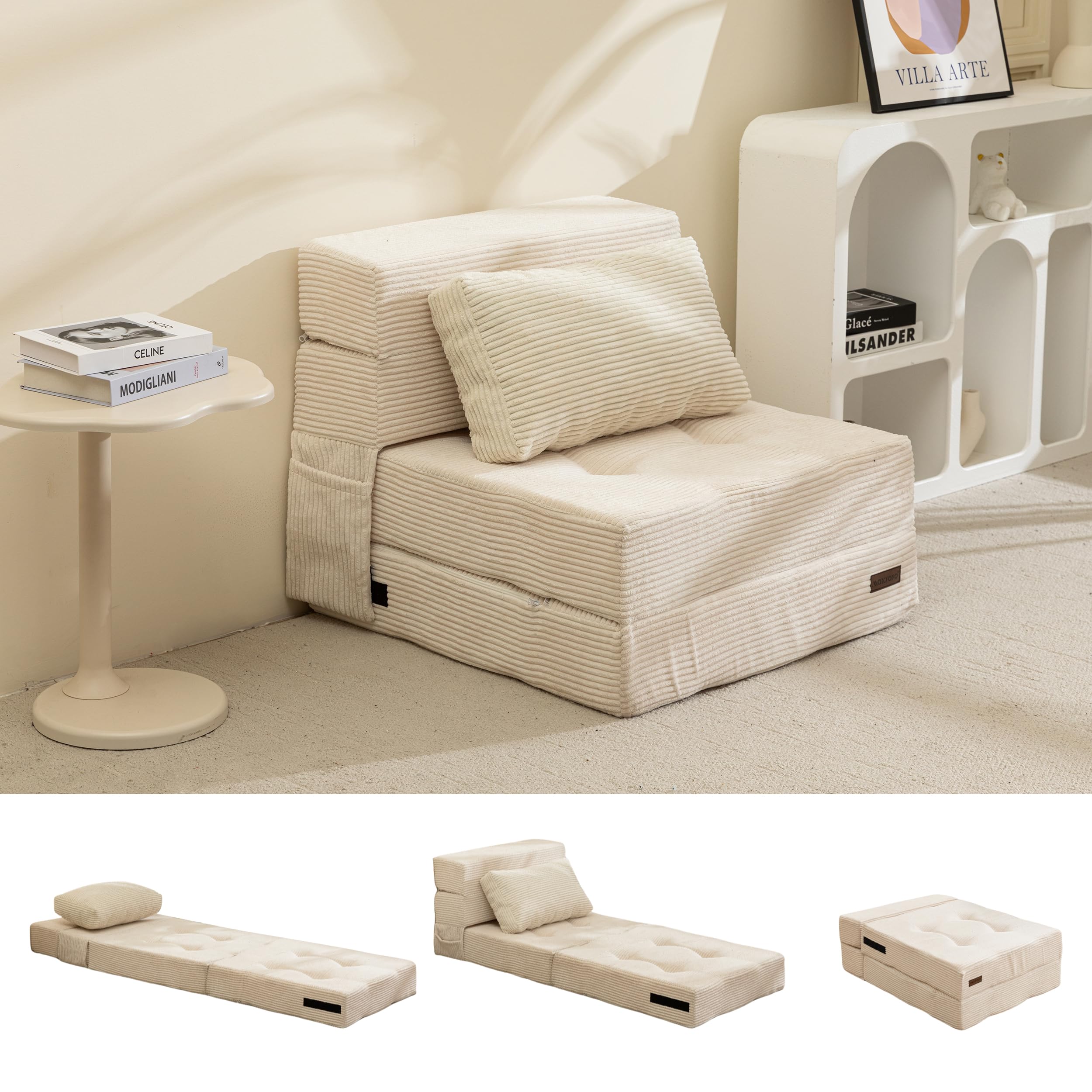 MAXYOYO Folding Foam Sofa Bed, Tri-Fold Mattress with 1 Pillow, Convertible Sofa Chair Futon Z Bed with 15cm Thincken Foam, Portable 3 in 1 Floor Couch