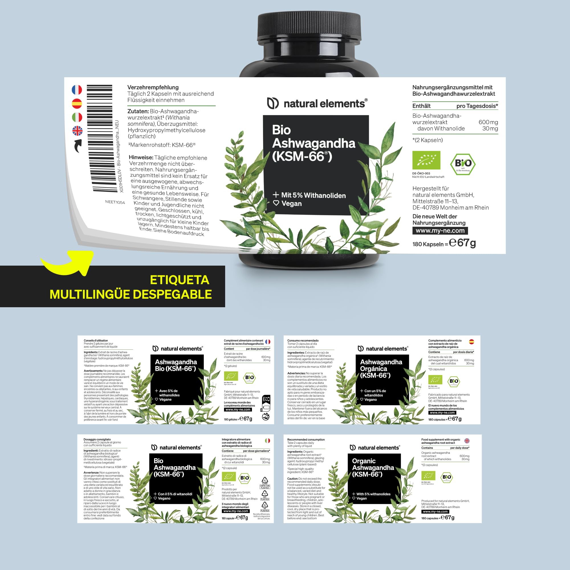 Ashwagandha KSM-66® ecológica - 600 mg de extracto de raíz de ashwagandha orgánica - Raíz del sueño de la India - 180 cápsulas - Probada en laboratorio, vegana y sin aditivos