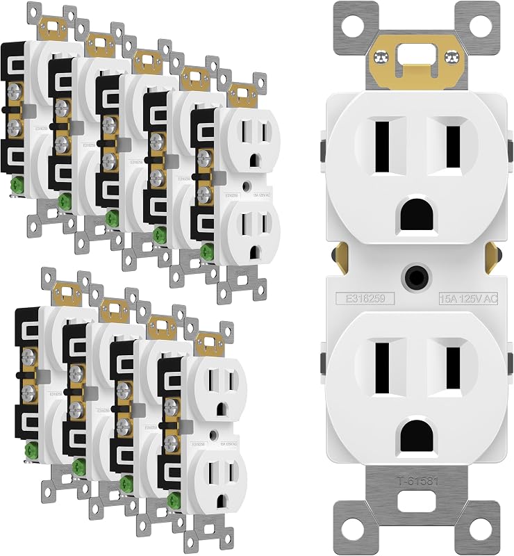 ENERLITES Paquete de 10 tomacorrientes de pared dúplex, receptáculo eléctrico de 15 amperios, blanco | 15A 125V, conexión a tierra automática, 2 polos, 3 cables, diseño de cuerpo poco profundo, certificación UL, grado residencial, amplia compatibilidad