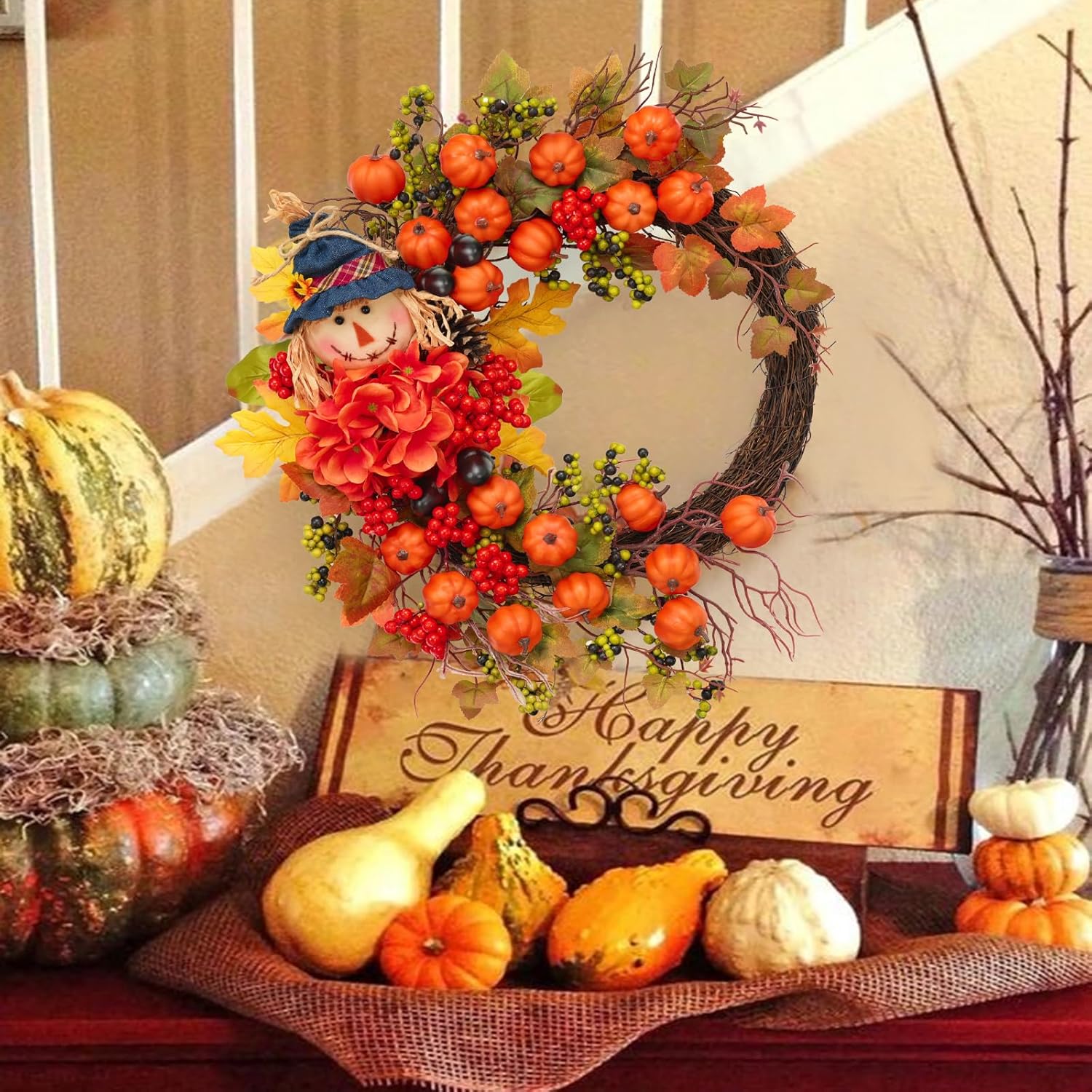 Fall Wreath for Front Door,Pumpkin Wreath with Scarecrow with Berries, Acorns and Hydrangea,Autumn Harvest Porch Decor,thanksgving Farmhouse Fall Door decorations-20inch