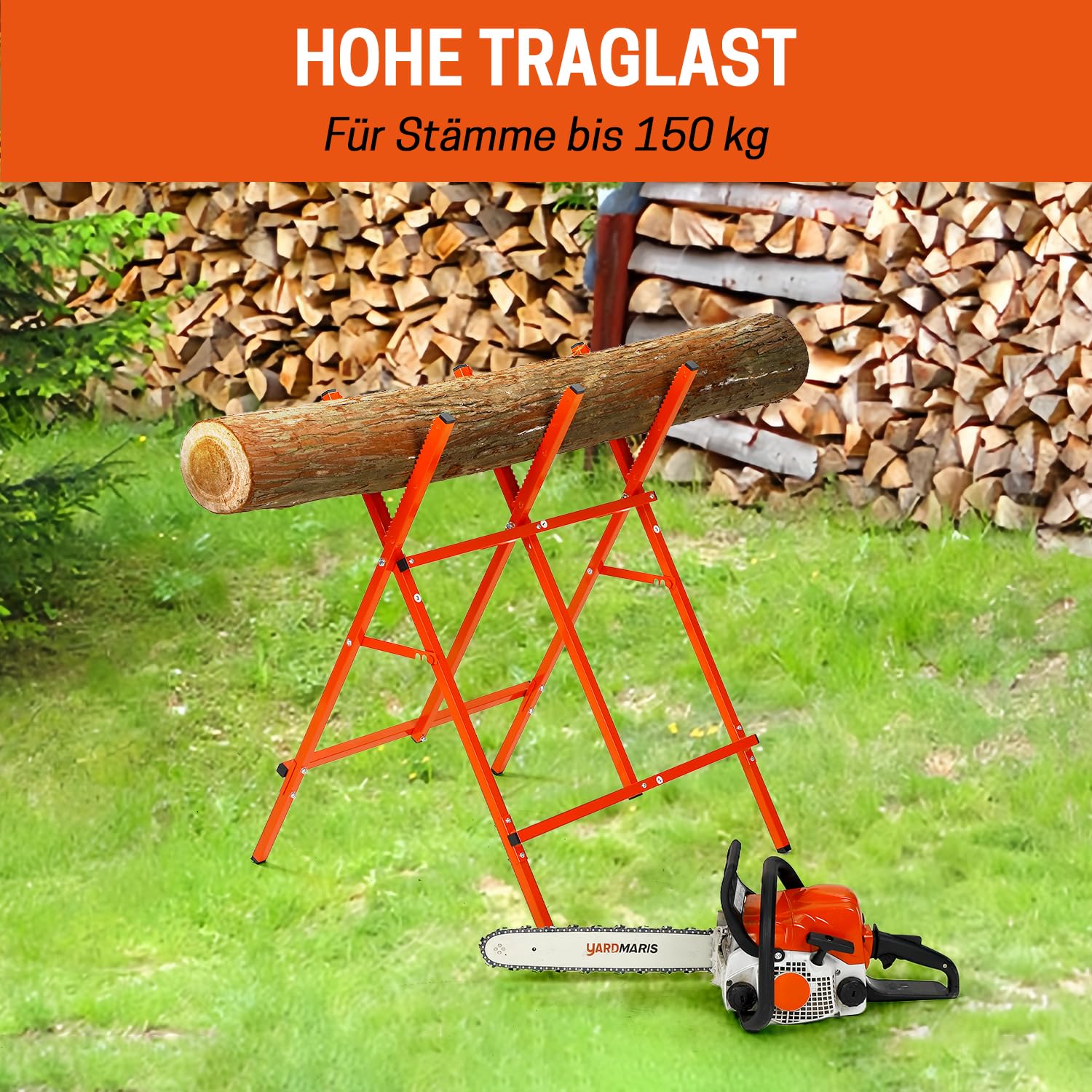 Sägebock,klappbar Holzsägebock für Kettensäge & Handsäge,Stahl Sägepferd Ständer, Holzsägearbeiten Schneiden von Blockholzständer,Tragfähigkeit 150KG