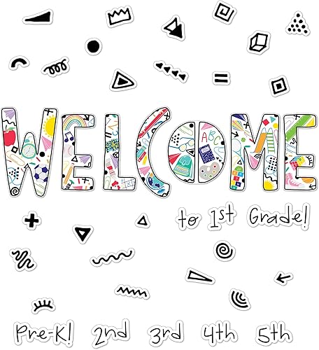 Carson Dellosa Happy Place - Juego de 45 tablones de anuncios de bienvenida, colorido arte de pared retro para decoraciones de regreso a la escuela