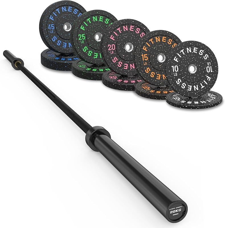 Olympic Barbell Set, 2-Inch Bumper Plates with Weight Plate Rack | Colored Crumb Rubber Weight Plates for Weight Lifting & Strength Training, 90–530 lb Set with 45 LB (20 kg) Olympic Barbell