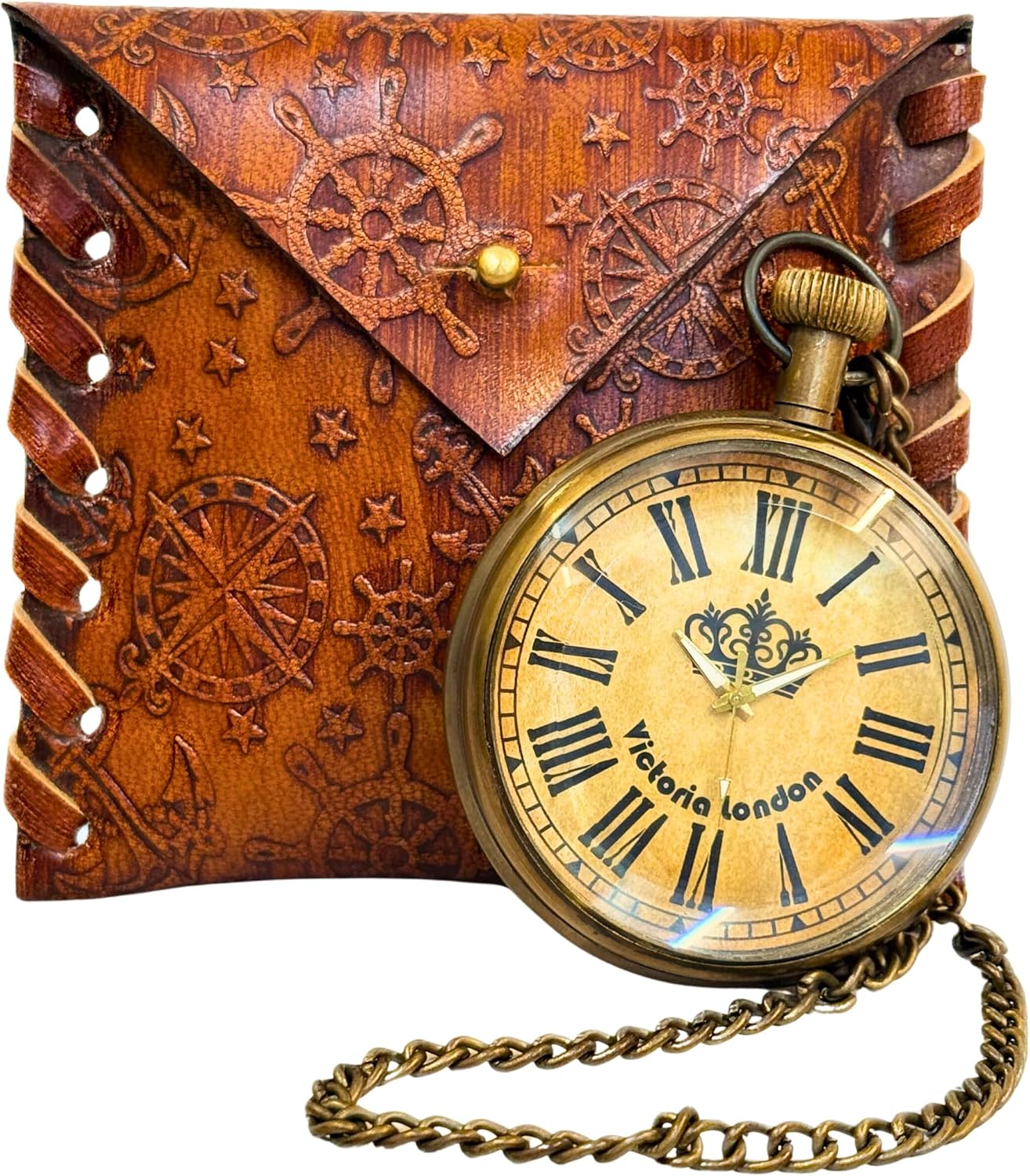 Brass Victorian Pocket Watch with Genuine Leather Case – Custom Engraved Vintage Style Clock– Personalized Gift for Men, Women, Collectors (Victorian, Antique, Brass)