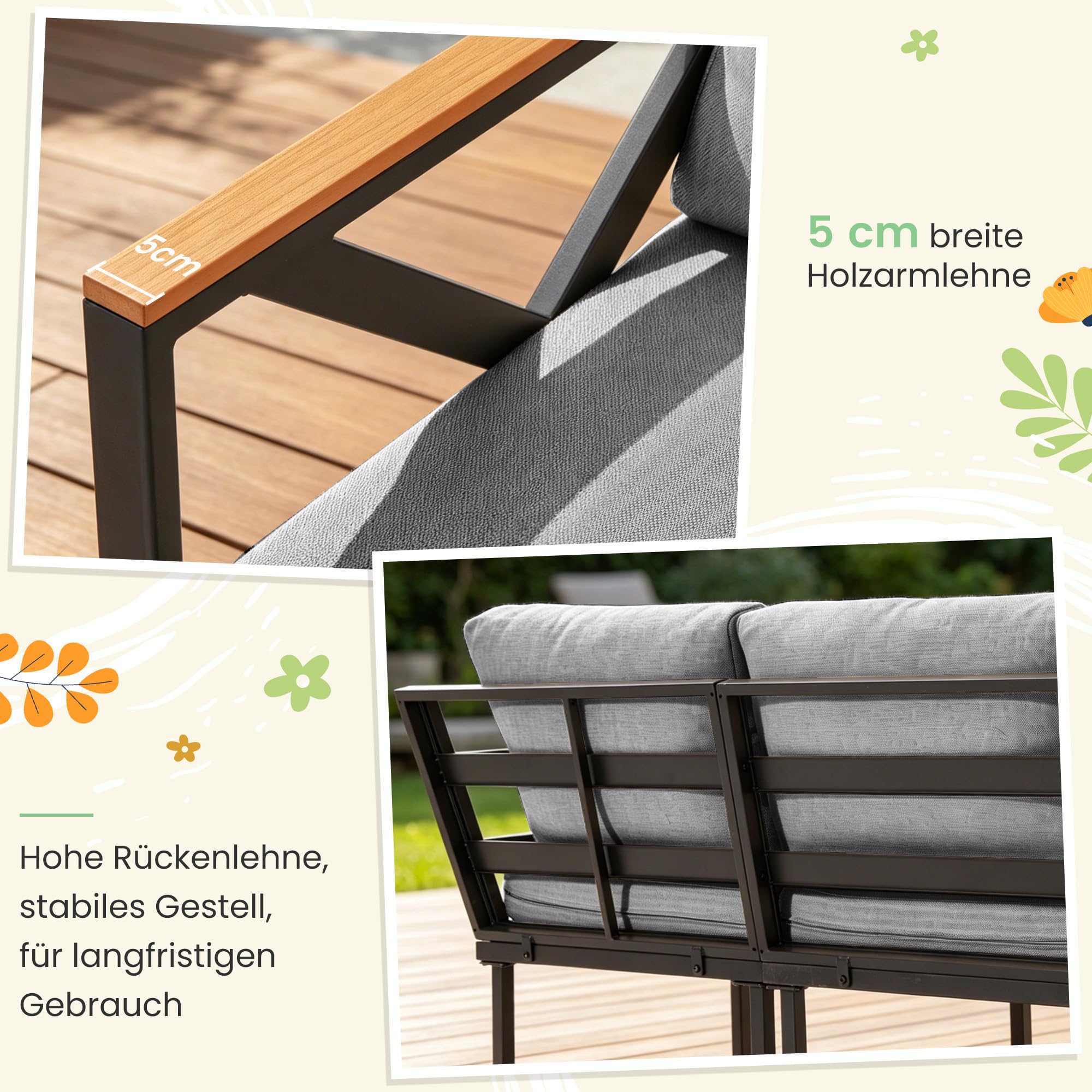 Metal Gartenmöbel Set,6-Teiliges,L-Form Outdoor Sofa mit Couchtisch und 10cm Olefin-Schaumstoffkissen,Wetterfest Lounge für Garten,Terrasse,Pool,Unterhaltungssets bis 6 Personen,Grau
