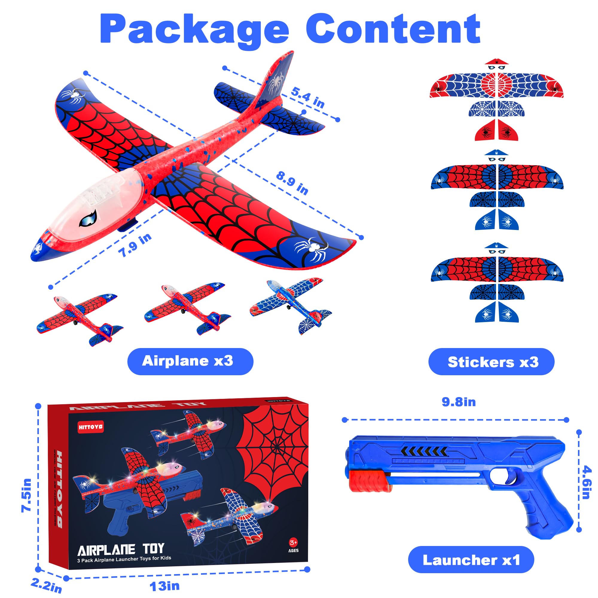 3 Pack Airplane Launcher Toys for Kids, Spider Foam Gliders Catapult Planes with Led, 2 Flight Modes Old Boys Girls Outdoor Flying Toy Outside Sport Birthday Gifts