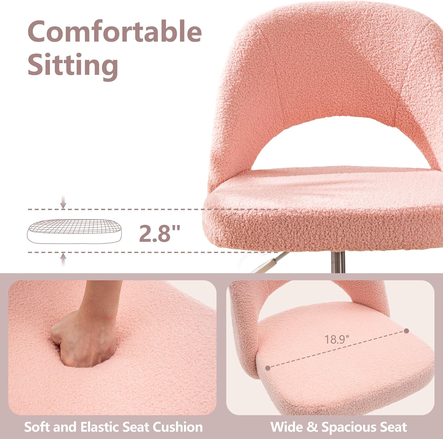 Vanity Office Chair with Wheels, Teddy Fleece Makeup Desk Chair with Curved Hollow Back, Adjustable Swivel Armless Chair for Bedroom, Dressing Room, Small Space (Pink)