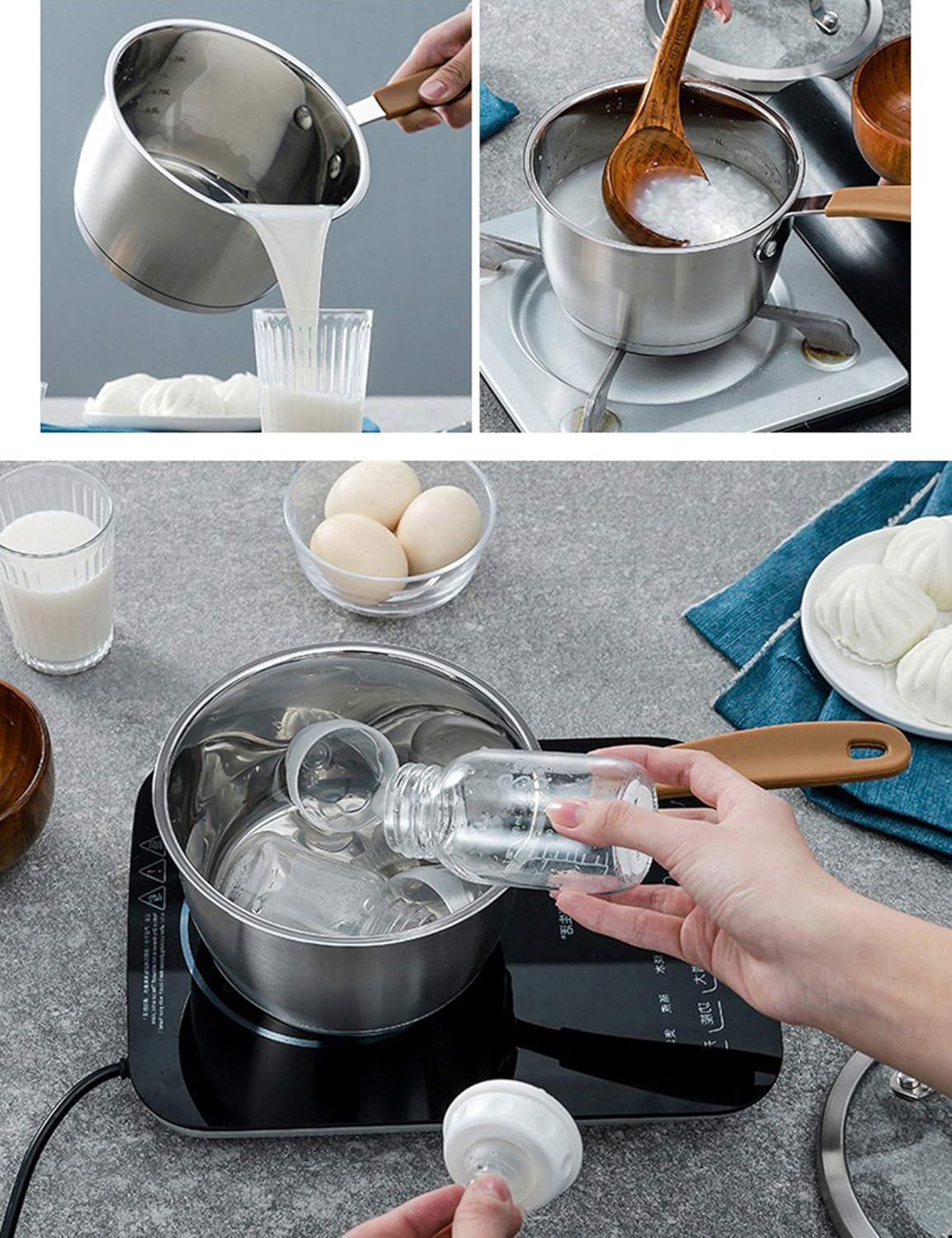 Stainless Steel Induction Cooker Soup Pot Milk Pot with Graduated Glass Lid, Cooking Pot 16cm(B)