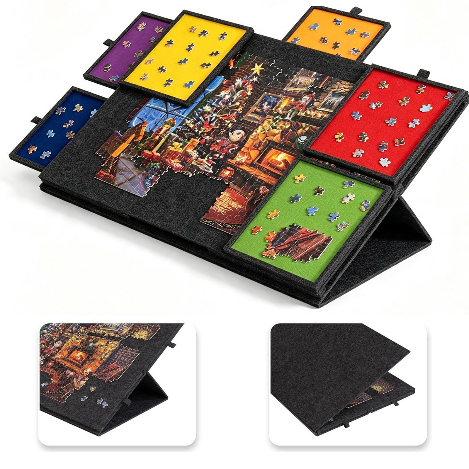 Deska do puzzli, 1000 elementów, składana, z 6 kolorowymi szufladami, nachylony stół puzzli ze stojakiem i pokrywą, filcowa płyta puzzli, 77 x 52 cm, lekkie akcesoria do domu i w czasie wolnym