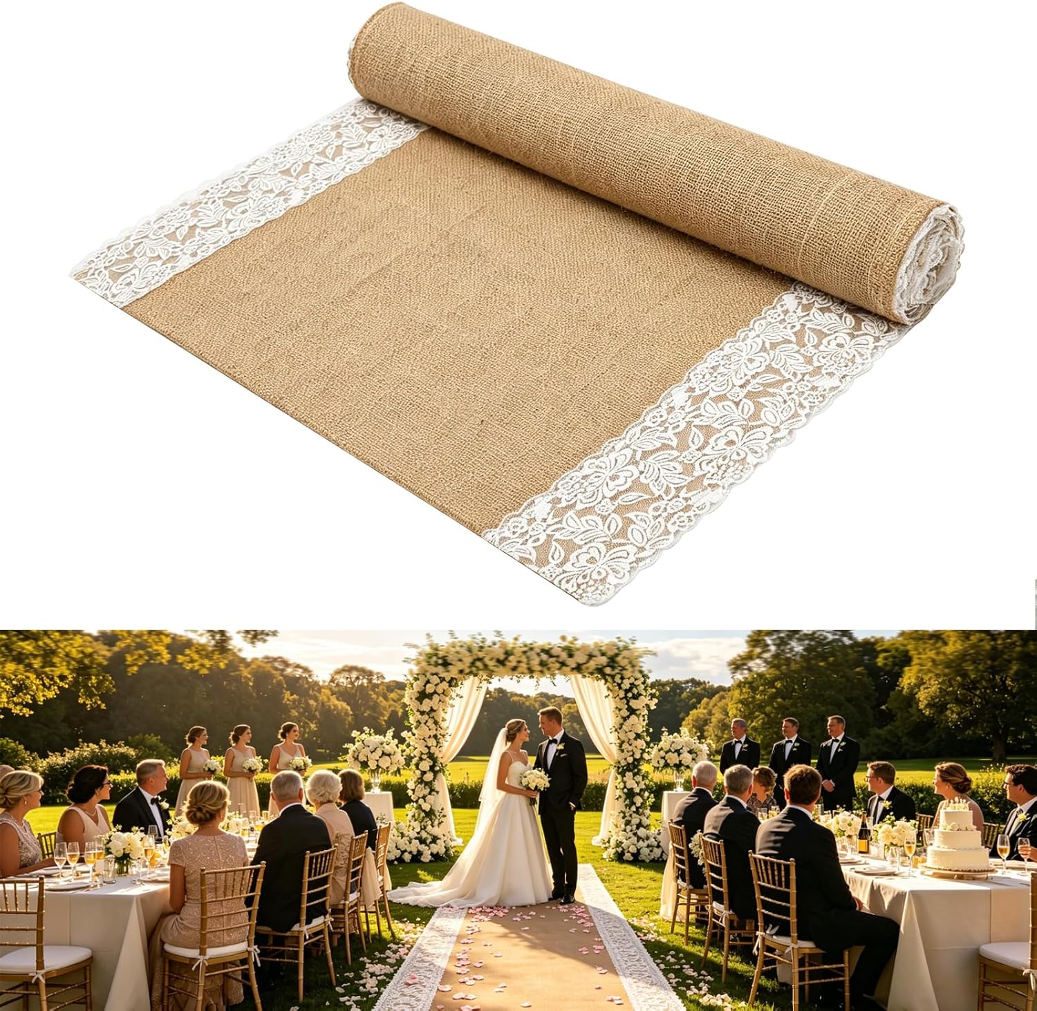 Wedding Aisle Runner, 3ft x 20ft | Lace Jute, Rustic Natural Burlap, For Wedding Ceremony, Beach Garden Church Reception, Craft Decor