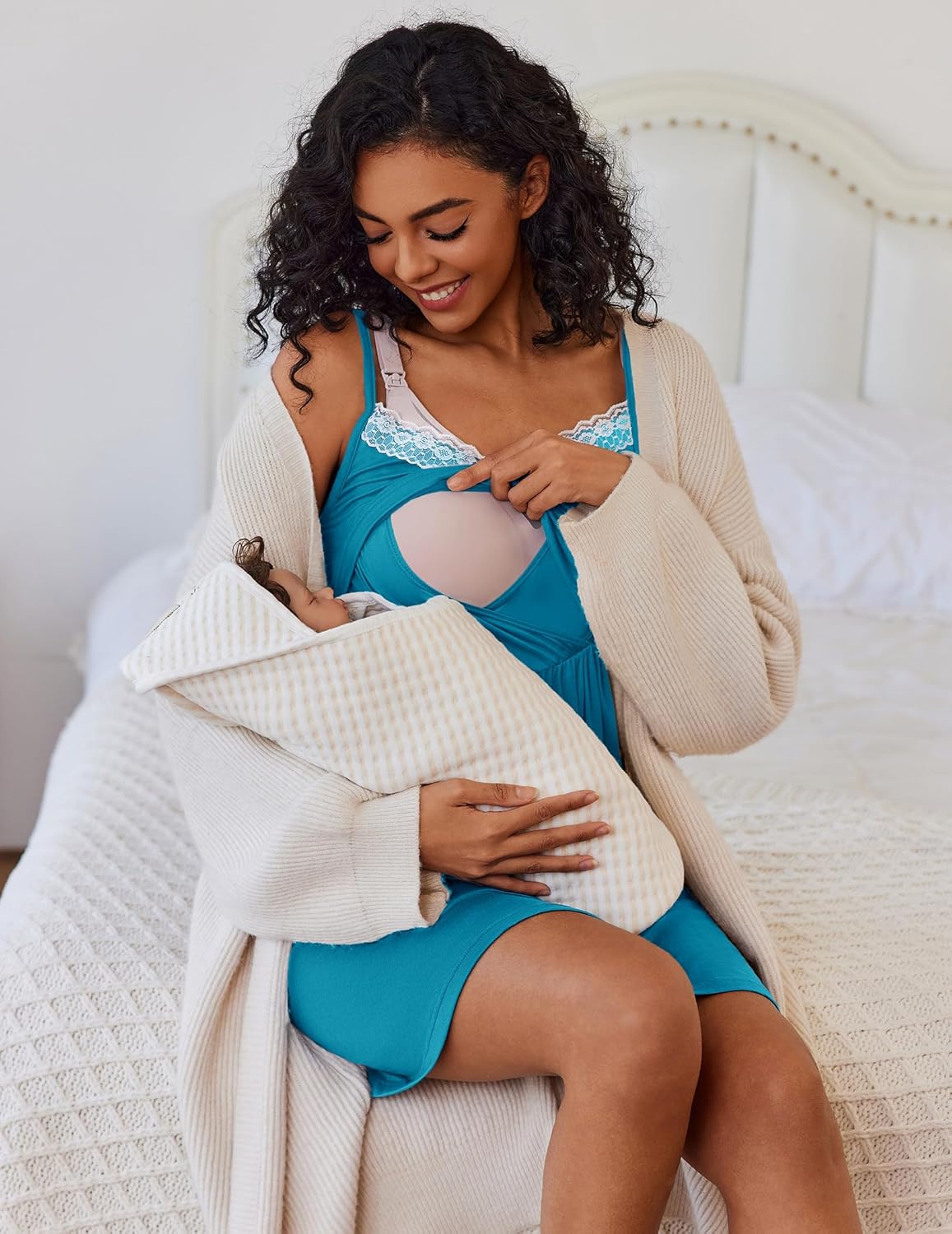 Ekouaer Women Lace Maternity Nursing Gown and 3/4 Sleeve Robe Set Double Layer Breastfeeding Nightgown Slip Dress & Bathrobe - Image 3