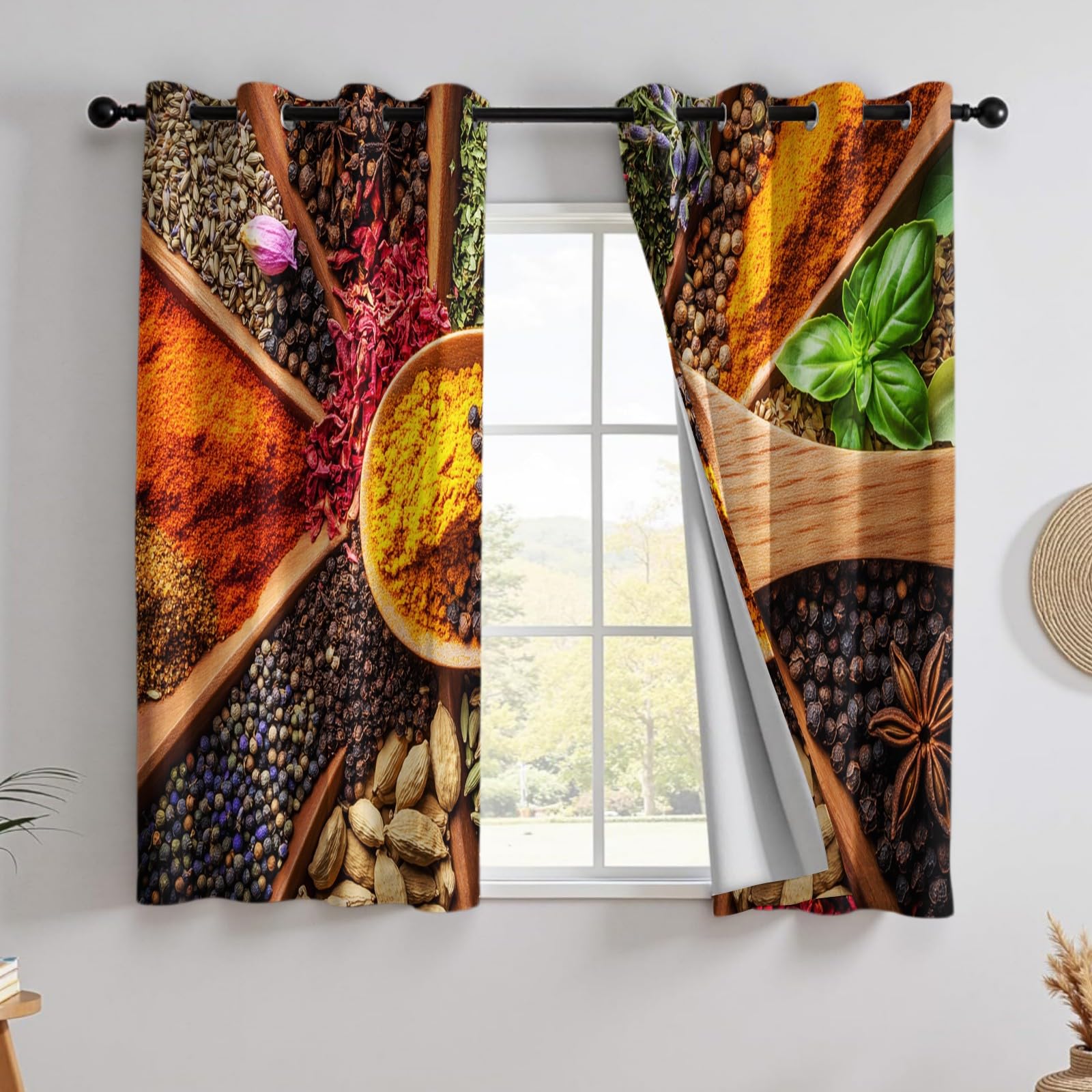 Rideaux Occultants Thermiques Lot de 2, Épices, Herbes et cuillère en Bois 132L X 210H cm Isolation Contre la Chaleur, pour Chambre et Salon