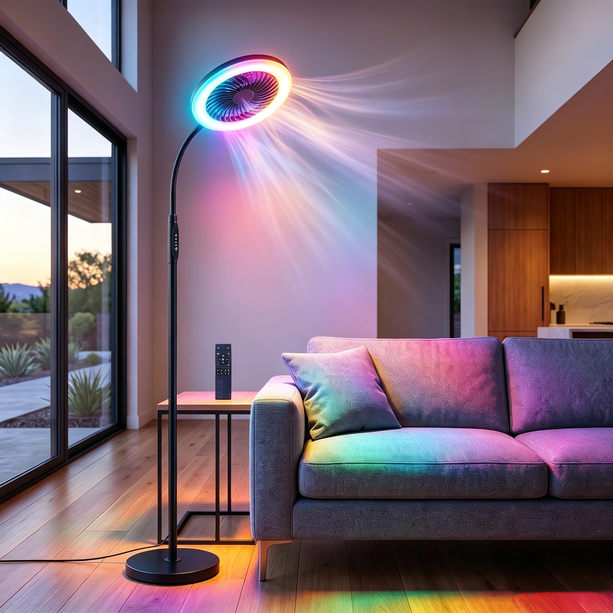 Stehlampe mit Ventilator, LED Standventilator mit RGB Beleuchtung, Flexibler Schwanenhals Höhe Verstellbar Fernbedienung 3 Geschwindigkeiten & Farbtemperaturen für Wohnzimmer Schlafzimmer Büro