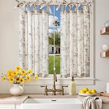jinchan Taupe Floral Kitchen Tier Curtains Alisa 36 Inches Tie Top 2 Panles