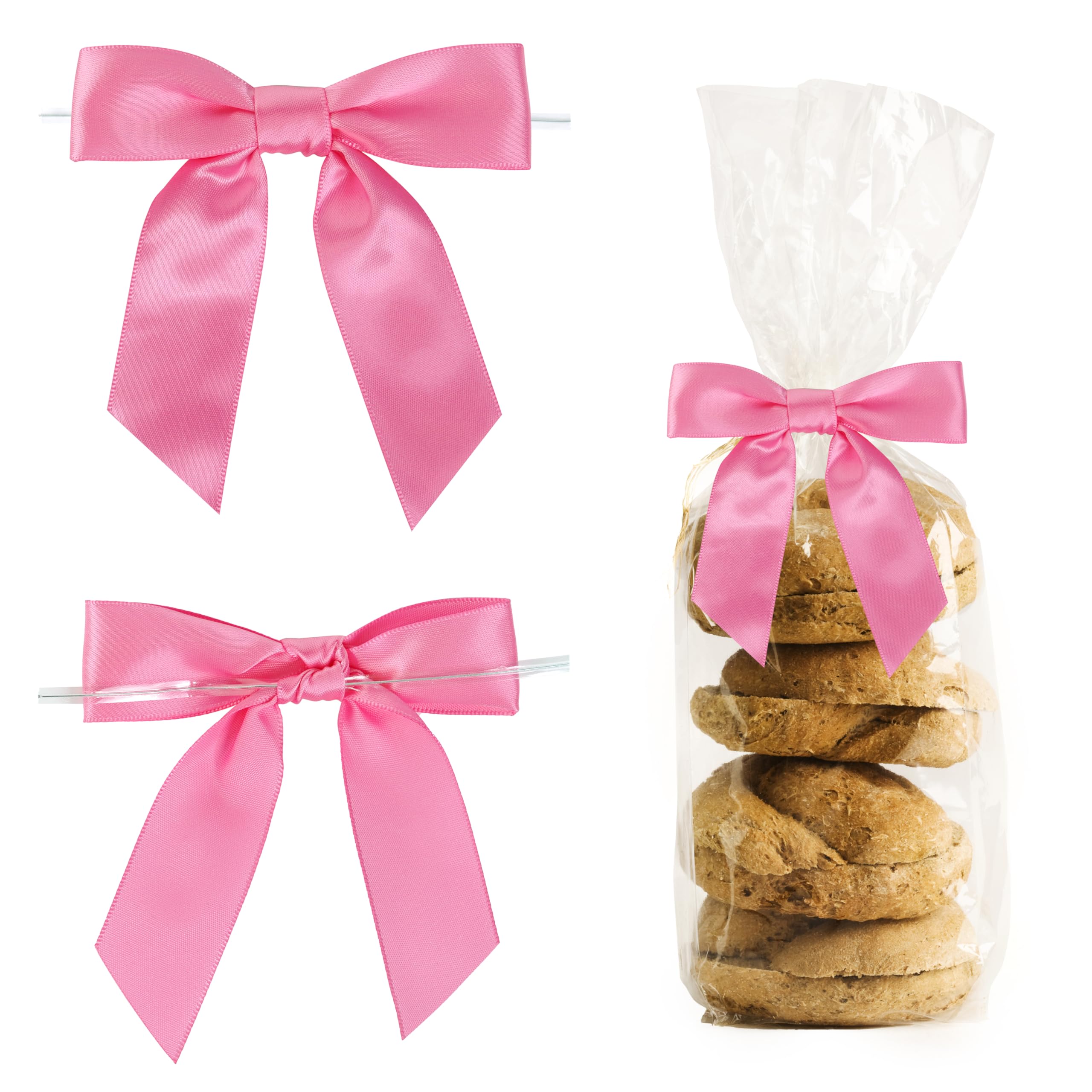 LIZLOVESS Pre-Tied Hot Pink Bows for Christmas 3.5 Inch Premade Pink Twist Tie Bows for Gift Wrapping Satin Bows for Crafts, Party Favors, Treat Bags,