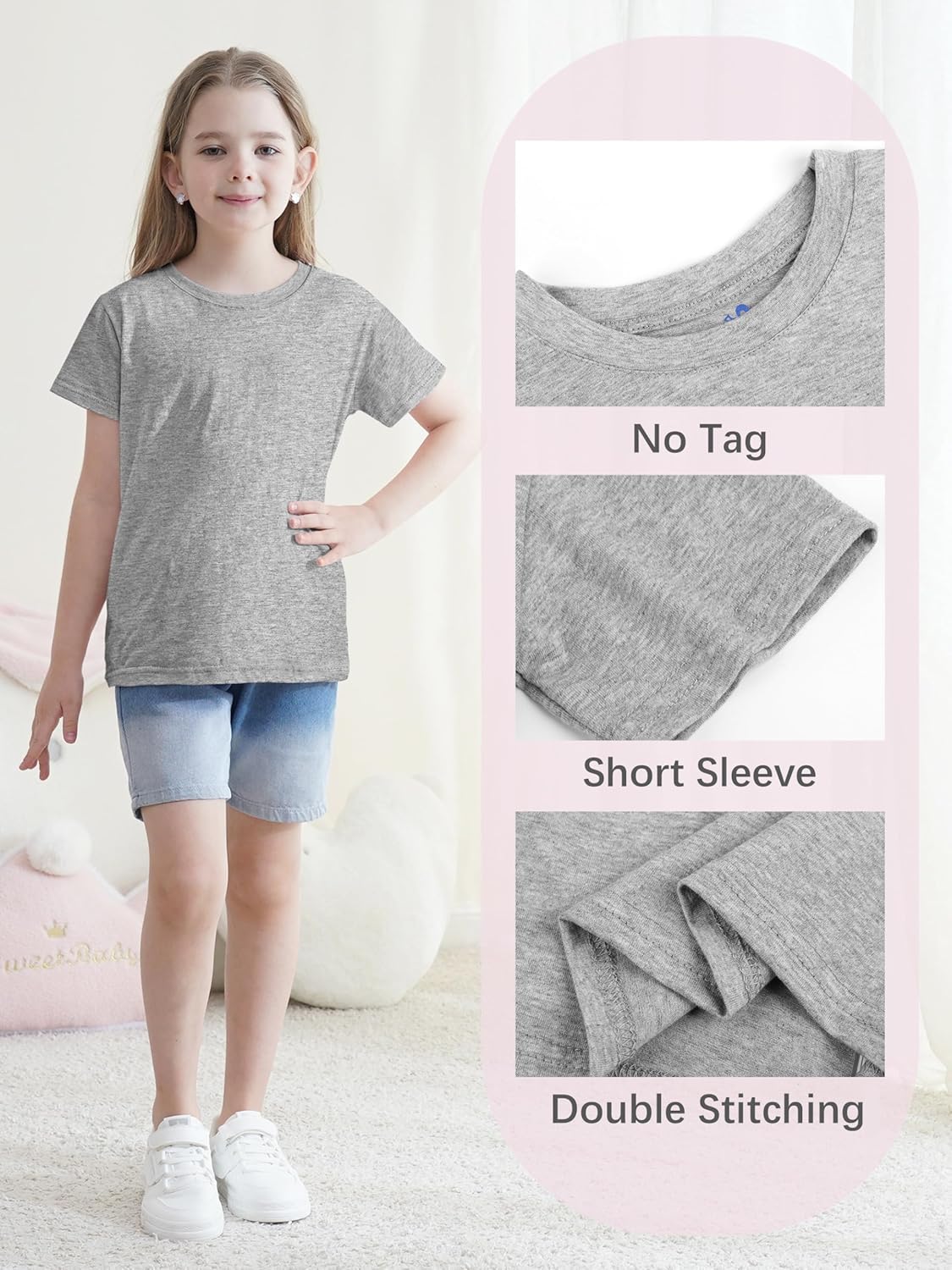 YERIOK 5 Pack Girls Shirts Short Sleeve Shirt for Girls Soft Cotton Tees Kids Tshirts Clothes Summer Tops T-Shirt - Image 3