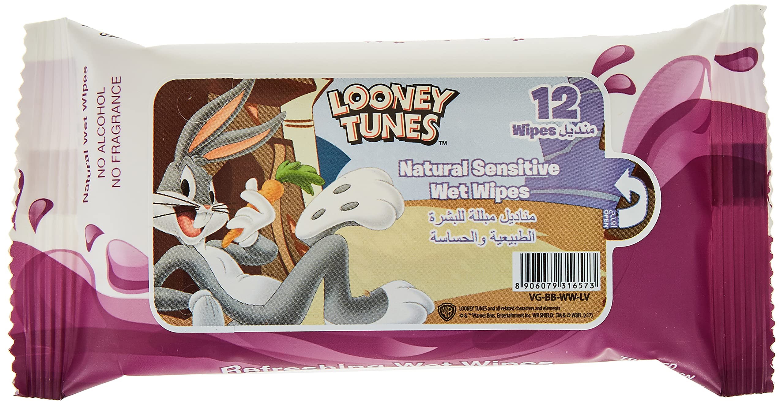 Bugs Bunny Natural Sensitive Wet Wipes,12 Sheets, (96 Wipes), Pack Of 8