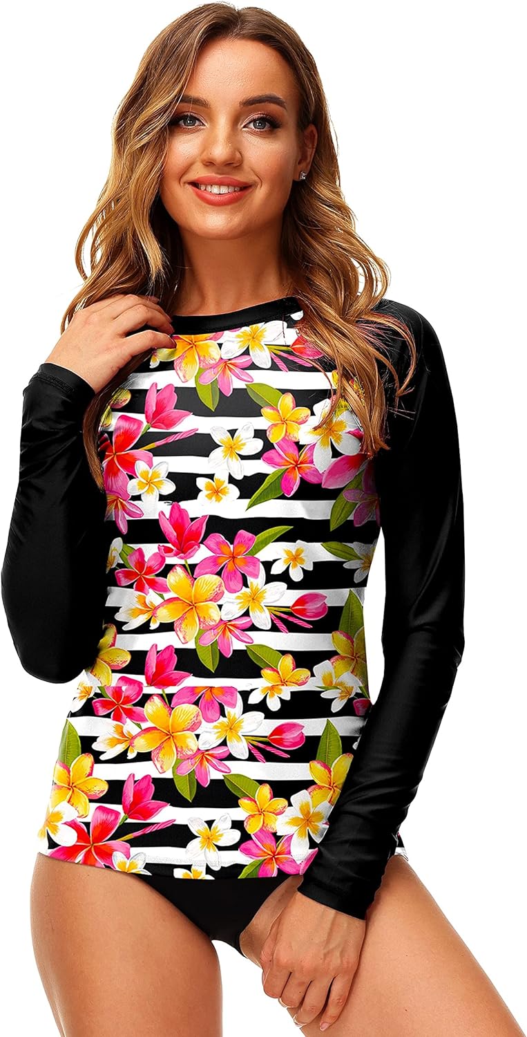 Deerose Women UPF 50+ Rash Guard Printed Swim Shirts Surf Swimwear Top