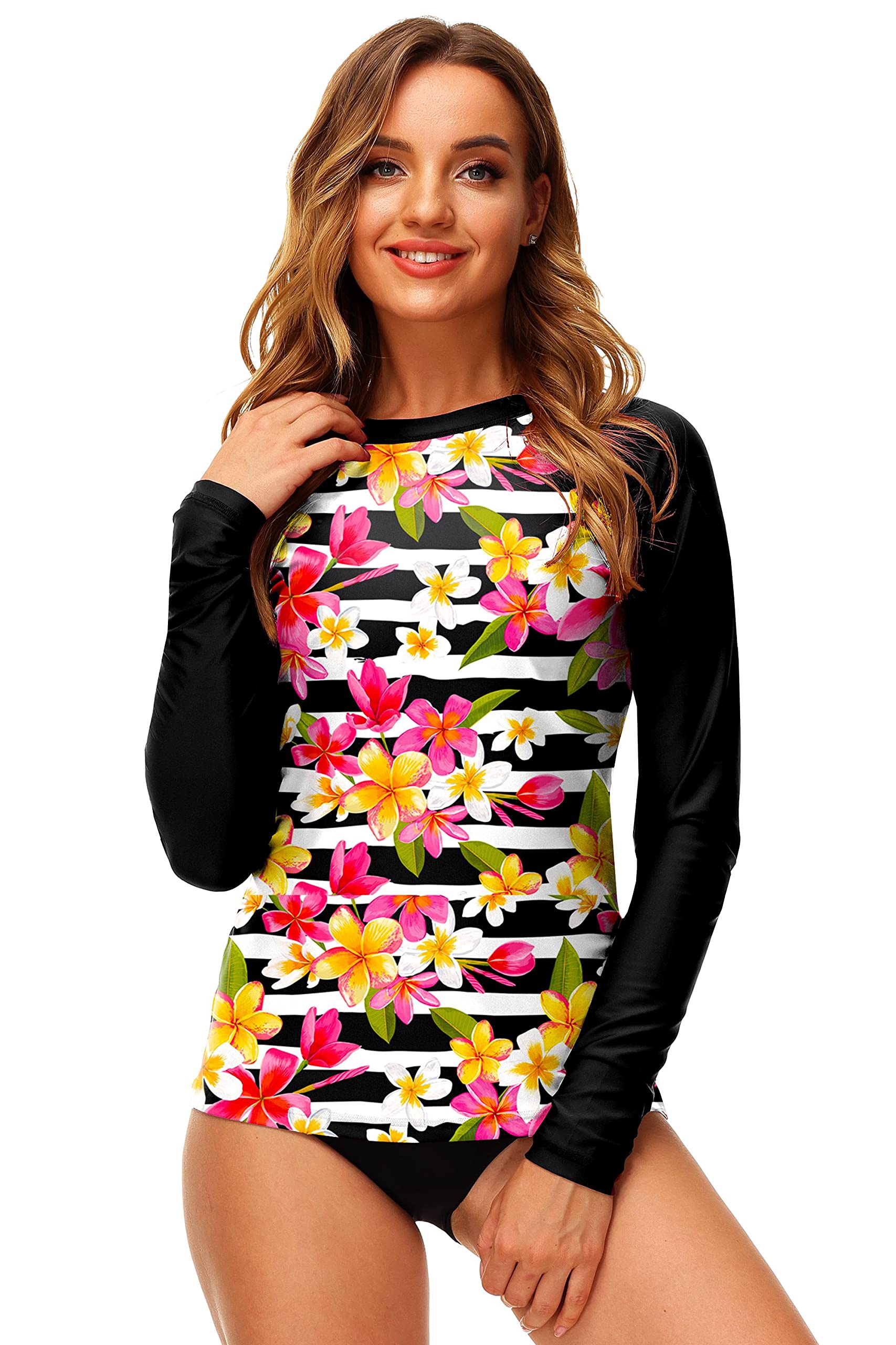 Deerose Damskie koszulki kąpielowe z nadrukiem UPF 50+ Rash Guard Surf Swimwear Top