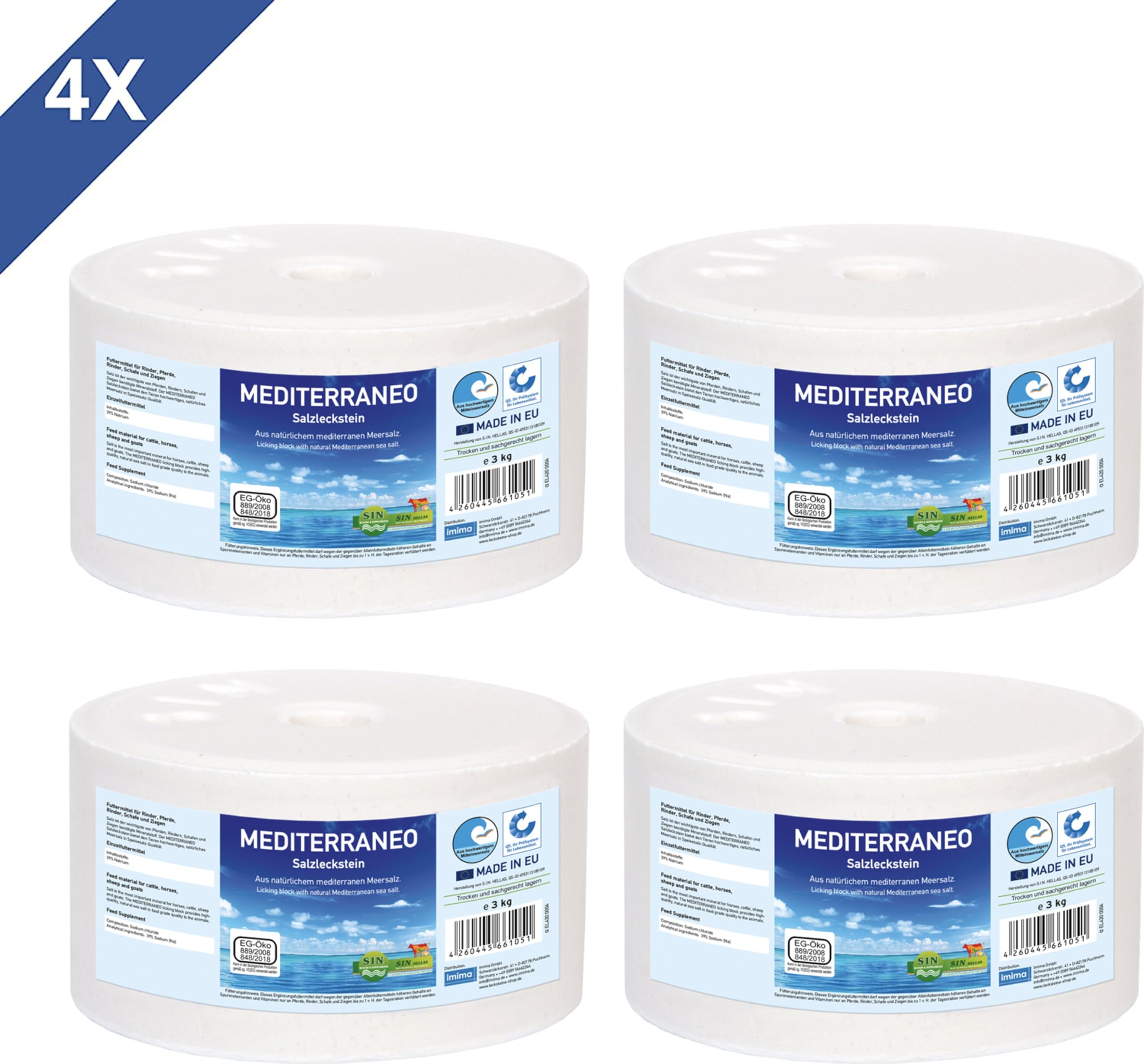 Mineral Lick Horse MEDITERRANEO Set di pietre saline 4 x 3kg - Pietre saline per cavalli, pecore, capre, selvaggina e bovini - Pietra minerale per leccare il sale