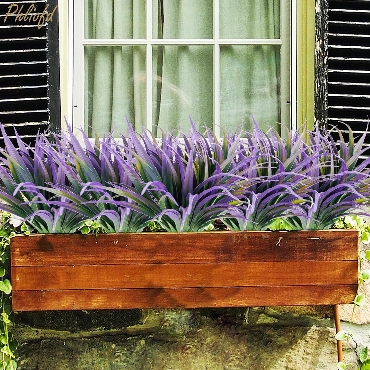 32 Pcs Artificial Grass Fake Plants 17.3in Outdoor Plants UV Resistant Faux Greenery Stems Fake Grass for Home Window Garden Office Patio Pathway Front Porch Halloween Décor Green & Purple