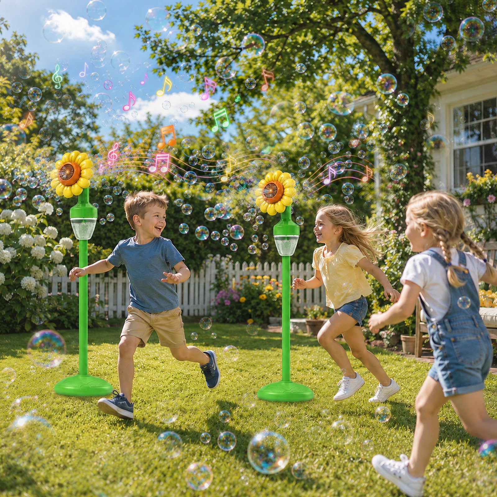 Máquina de burbujas de jabón para niños, girasoles, de pie, con batería, con luz LED y música, 150 ml + 20 x líquido de burbujas para cumpleaños/fiesta/boda