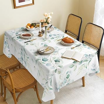 JOYPLUS Sage Green Eucalyptus Tablecloth Floral Imitation Linen Waterproof Fabric,Rectangle Watercolor Oil-Proof Wrinkle Resistant Table Cover for Dining Table,Buffet Parties and Camping 60" x 84"
