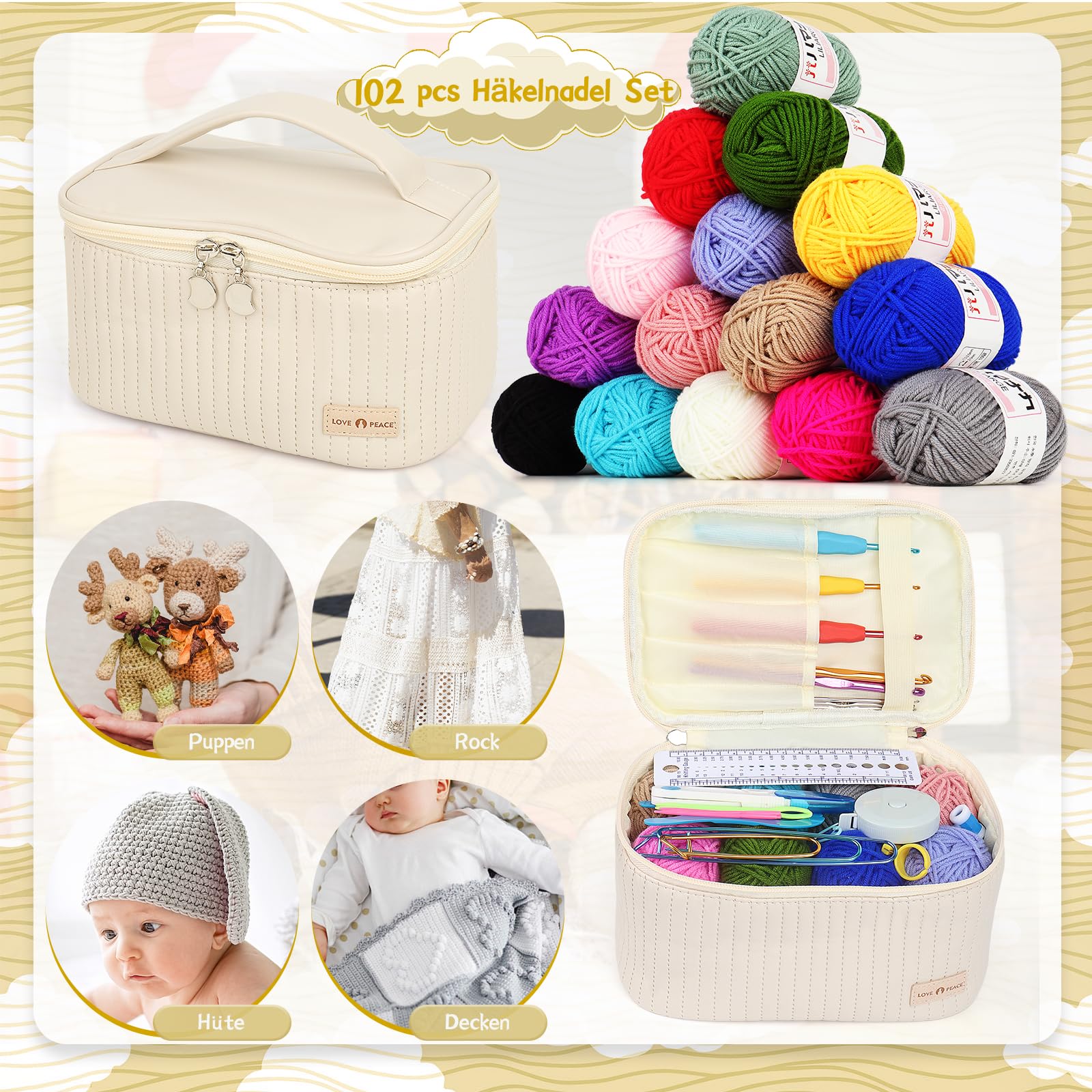 Aeeque Kit Crochet Débutant Complet Adulte 102 Pièces - 12 Aiguilles 0,6-1,9mm, 9 Crochets Ergonomiques, 15 Pelotes de Laine pour Tricot - Sac Beige Inclus