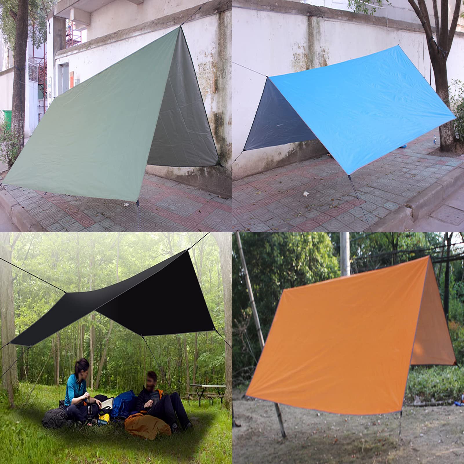 Telone per Amaca Telo da Campeggio per Rifugio, Impermeabile Anti-UV con 4 Chiodi in Alluminio 6 Corde del Vento Anti-Pioggia Panno Oxford Leggero E Compatto per Viaggio Picnic (Black)
