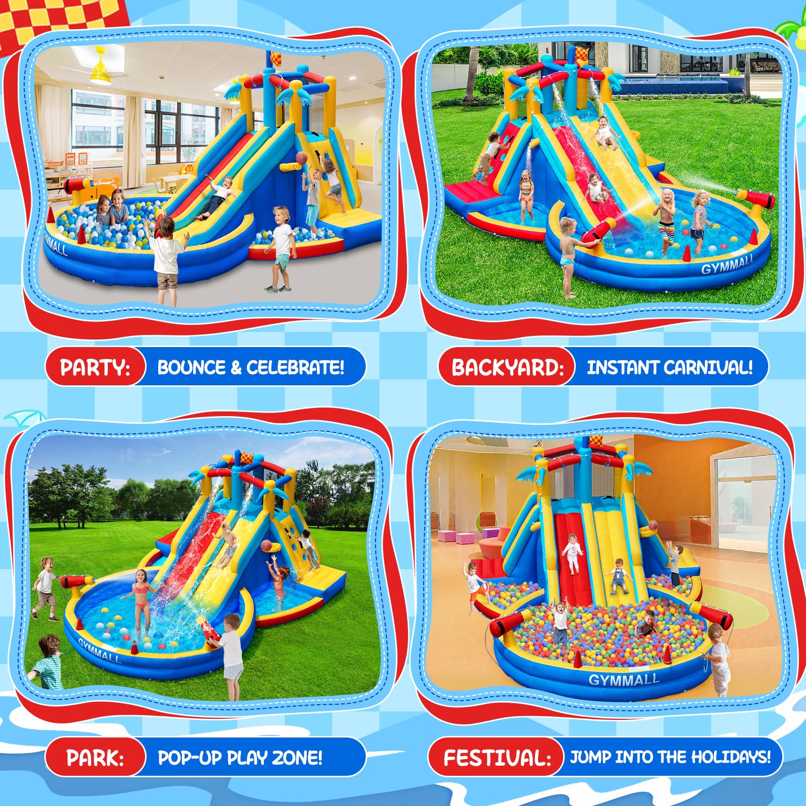 Castillo Hinchable tobogán acuático Ventilador 550W, Centro Juegos acuáticos Hinchable Piscina Interior Exterior Doble tobogán Pared Escalada Canasta Baloncesto jardín Patio